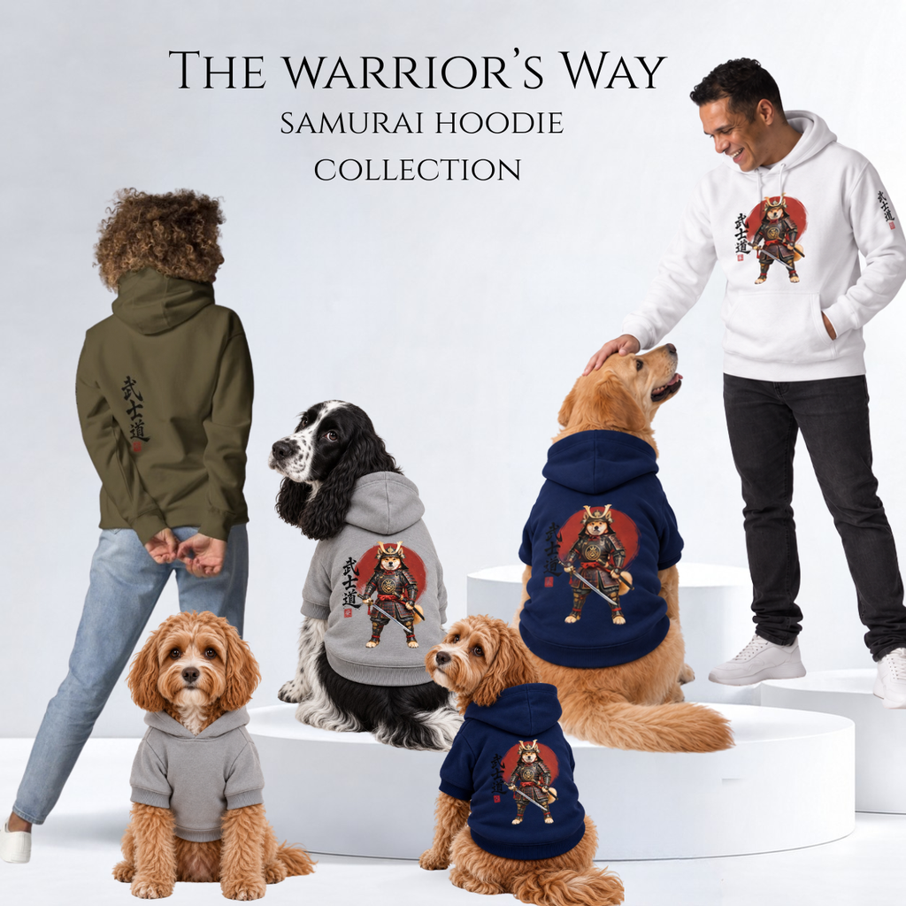 A promotional collage for 'The Warrior's Way Samurai Hoodie Collection' showing multiple models, including two people and four dogs, wearing hoodies with a samurai warrior graphic. The hoodies are in various colors, sizes 2XS-2XL.