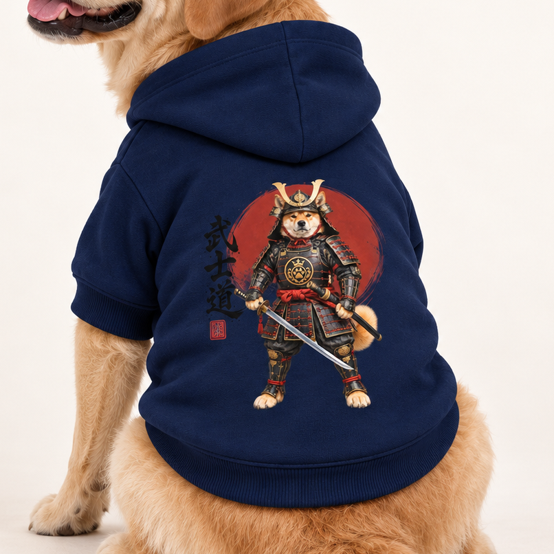 A close up image blue dog hoodie with a detailed samurai warrior graphic on the back, photographed against a clean white studio background.