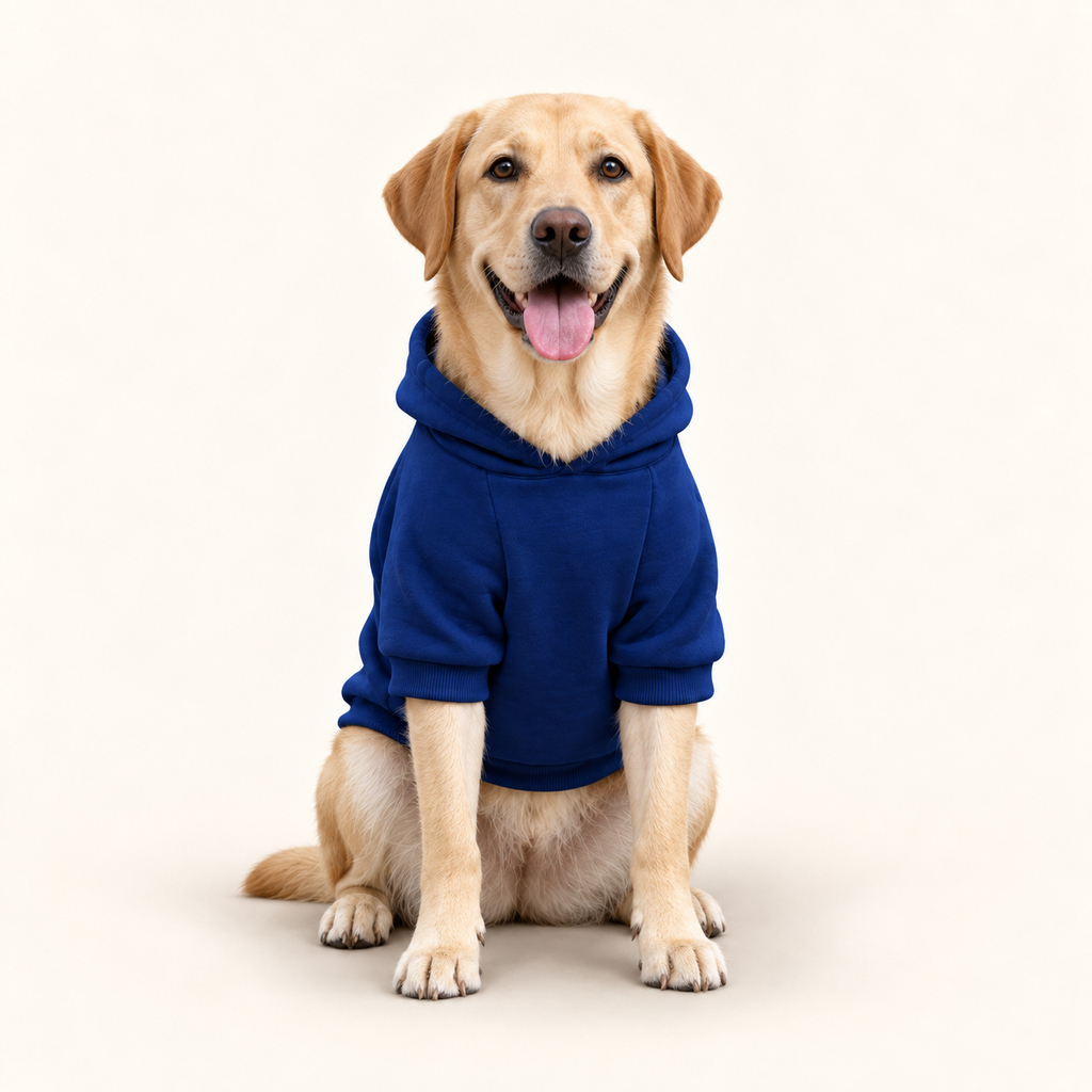 A yellow Labrador Retriever sitting and wearing a navy samurai design hoodie against a white background.