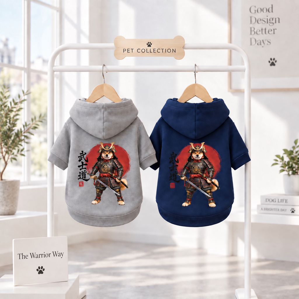 Two dog hoodies hang on a white display rack in a white boutique. Colors of the Hoodies are gray and navy, both with samurai warrior graphic and Japanese Calligraphy on the back.