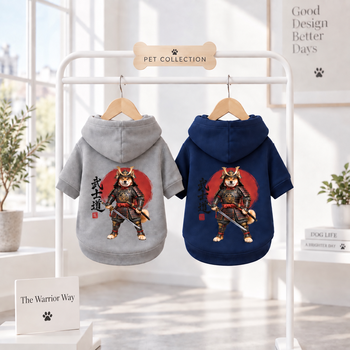 Two dog hoodies hang on a white display rack in a white boutique. Colors of the Hoodies are gray and navy, both with samurai warrior graphic and Japanese Calligraphy on the back.