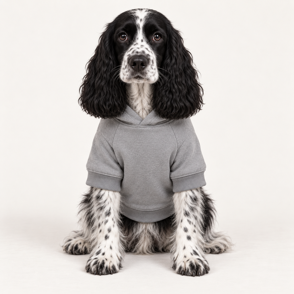 A black and white spaniel dog wearing a light gray short-sleeve samurai hoodie, sitting against a plain off-white studio background.