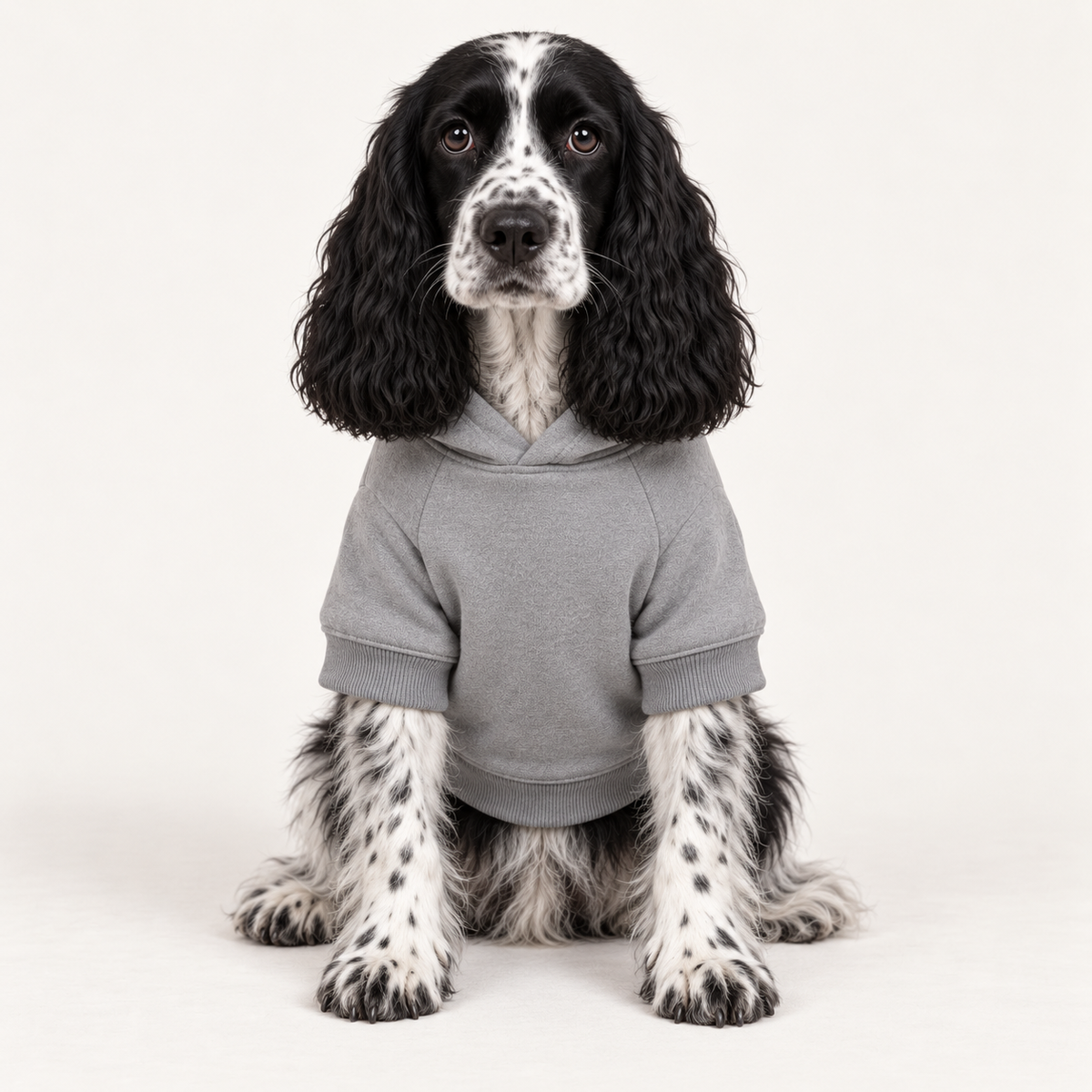 A black and white spaniel dog wearing a light gray short-sleeve samurai hoodie, sitting against a plain off-white studio background.