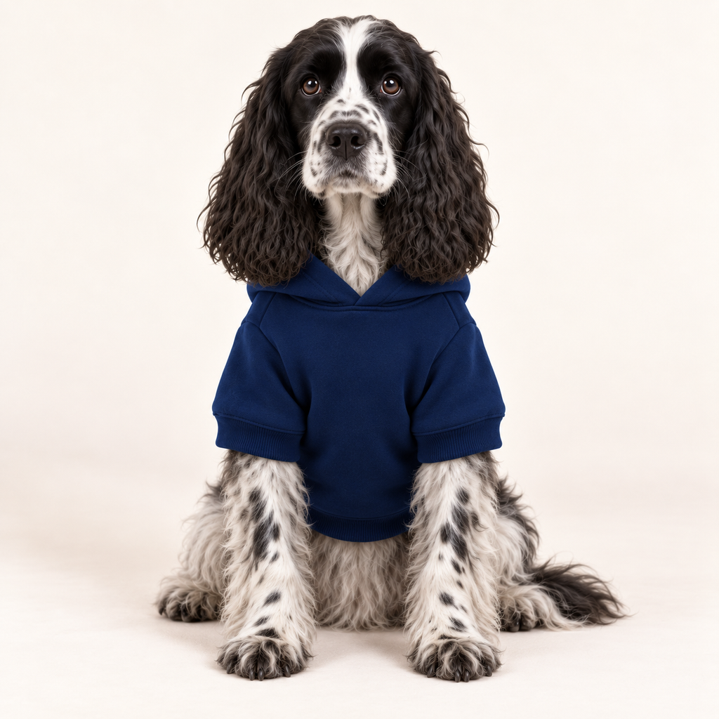 A black and white long-eared dog wearing a navy blue short-sleeve hoodie, sitting against a plain off-white studio background.