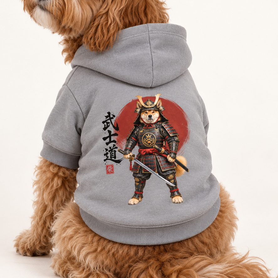Close-up image  back image gray Samurai warrior hoodie with red sun, full samurai armor, and Japanese calligraphy