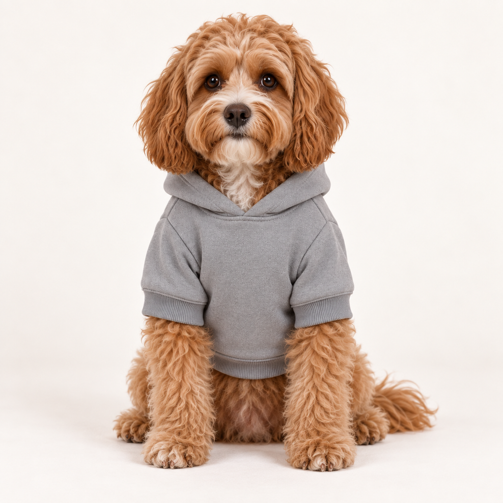 A small fluffy brown dog wearing a gray short-sleeve samurai hoodie, sitting against a plain white studio background.