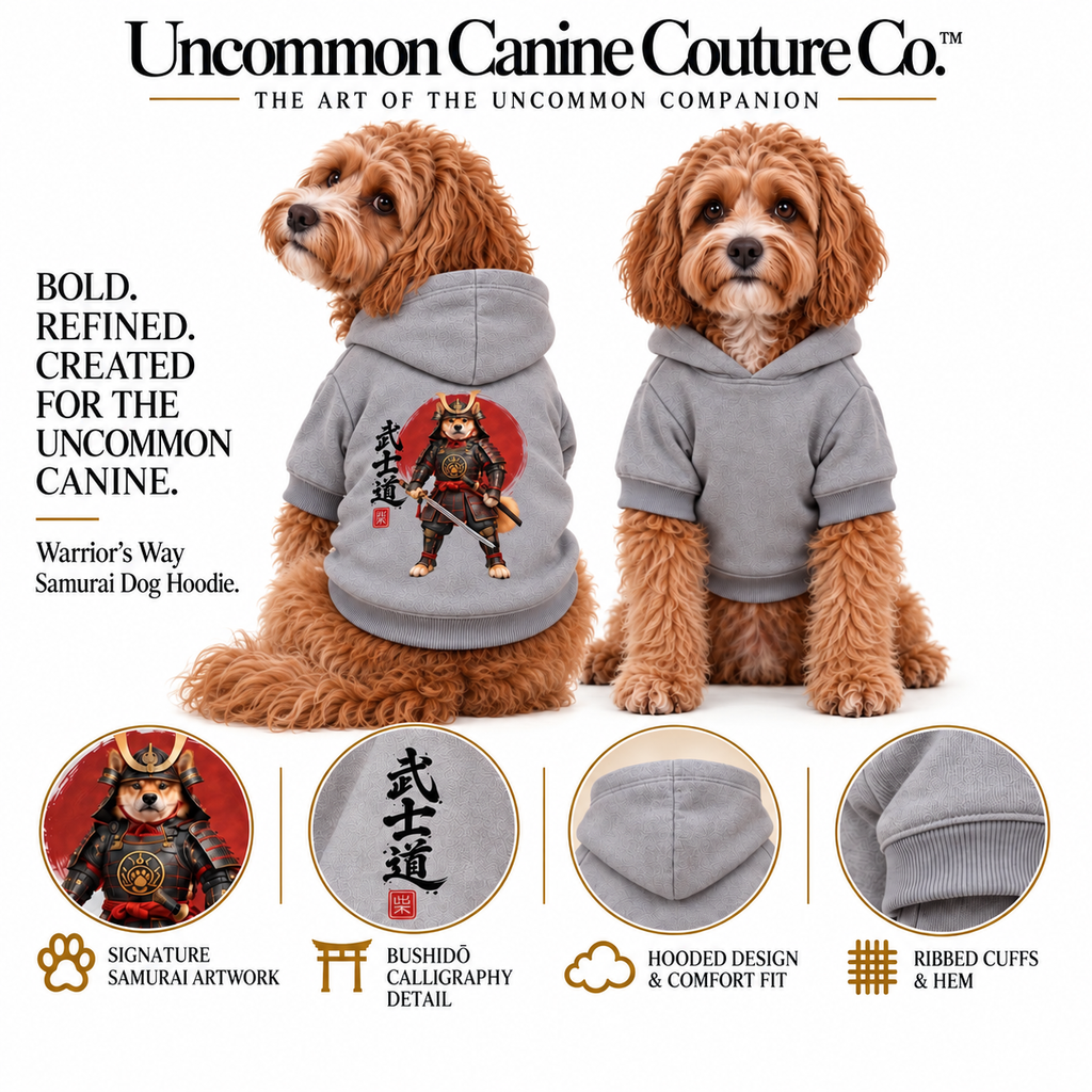 Two dogs wearing gray hoodies front and back image from on a white background, with product text and four feature callouts; Samurai artwork, Calligraphy, Ripped cuffs, and hoodie.