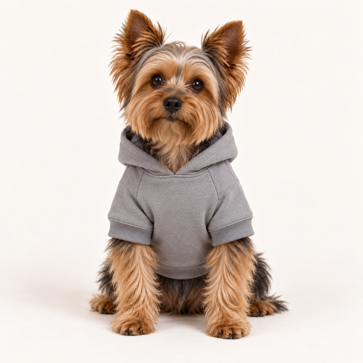 A Yorkshire Terrier wearing a "Bushidõ," back print hoodie, sitting against a clean white studio background.
