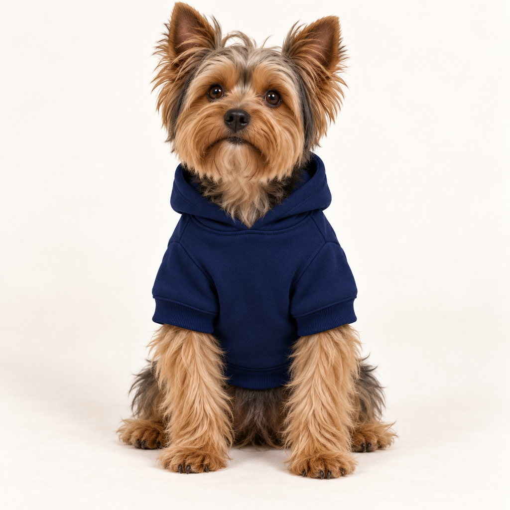 A Yorkshire Terrier dog wearing a navy blue short-sleeve hoodie, sitting against a clean off-white studio background.