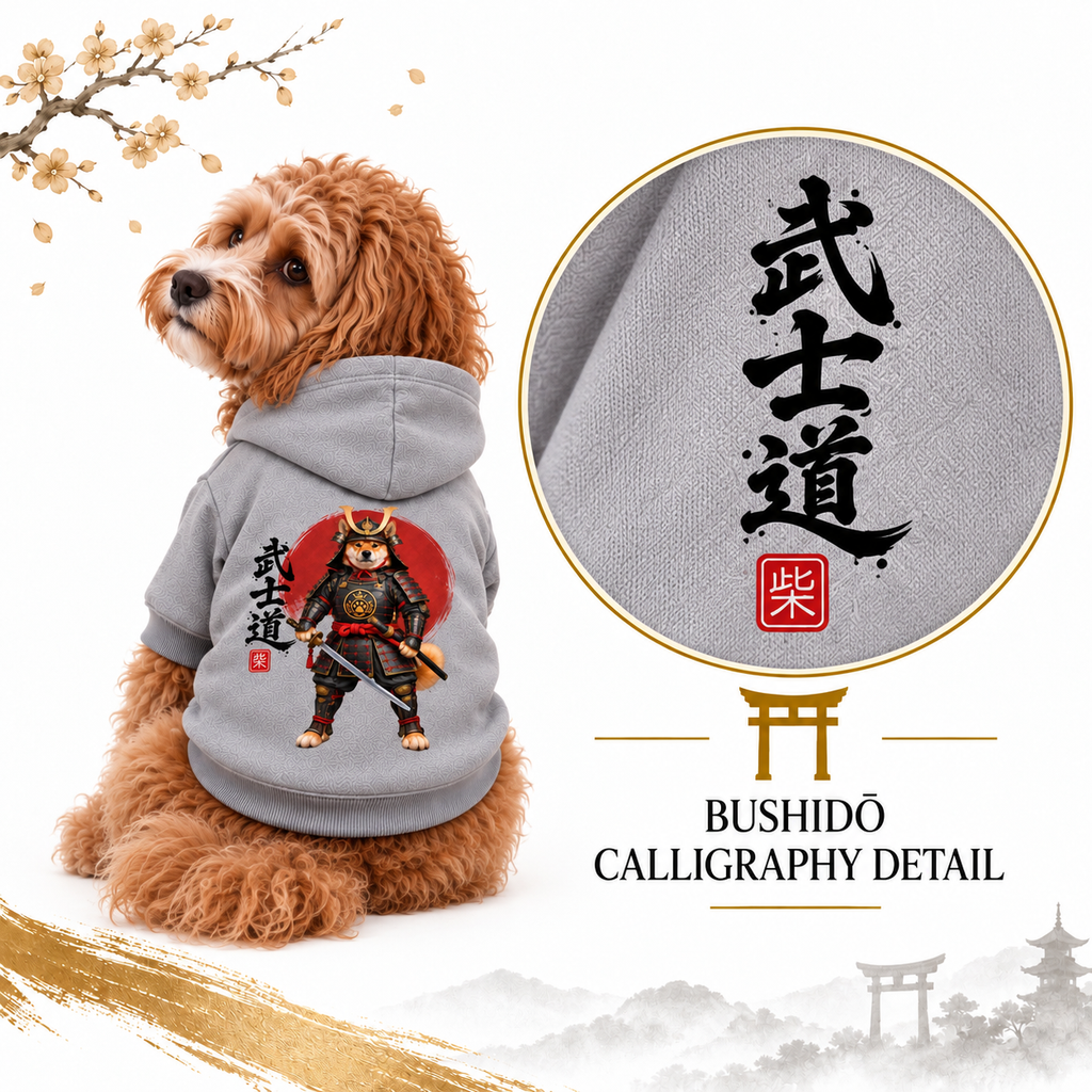 A Cavapoo wearing a light gray hoodie with a samurai graphic print, shown beside a circular fabric detail inset with black calligraphy and ‘BUSHIDŌ’ calligraphy.