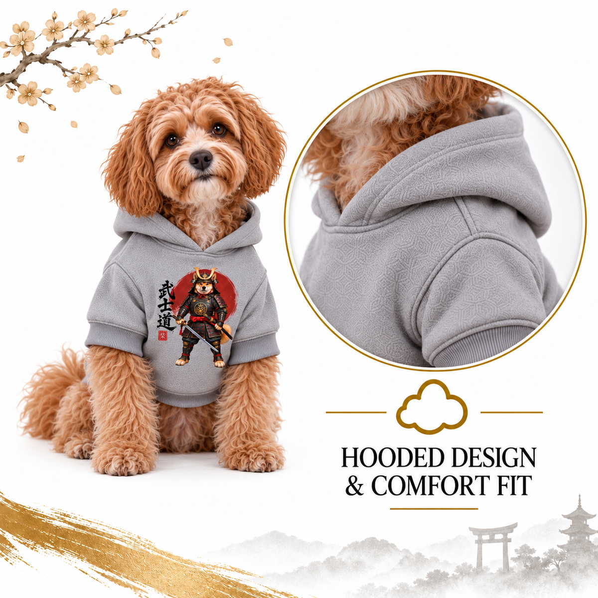 A Cavapoo wearing a light gray hoodie with a samurai graphic, shown on a white background with an inset close-up of the ‘HOODIE DESIGN & COMFORT FIT'