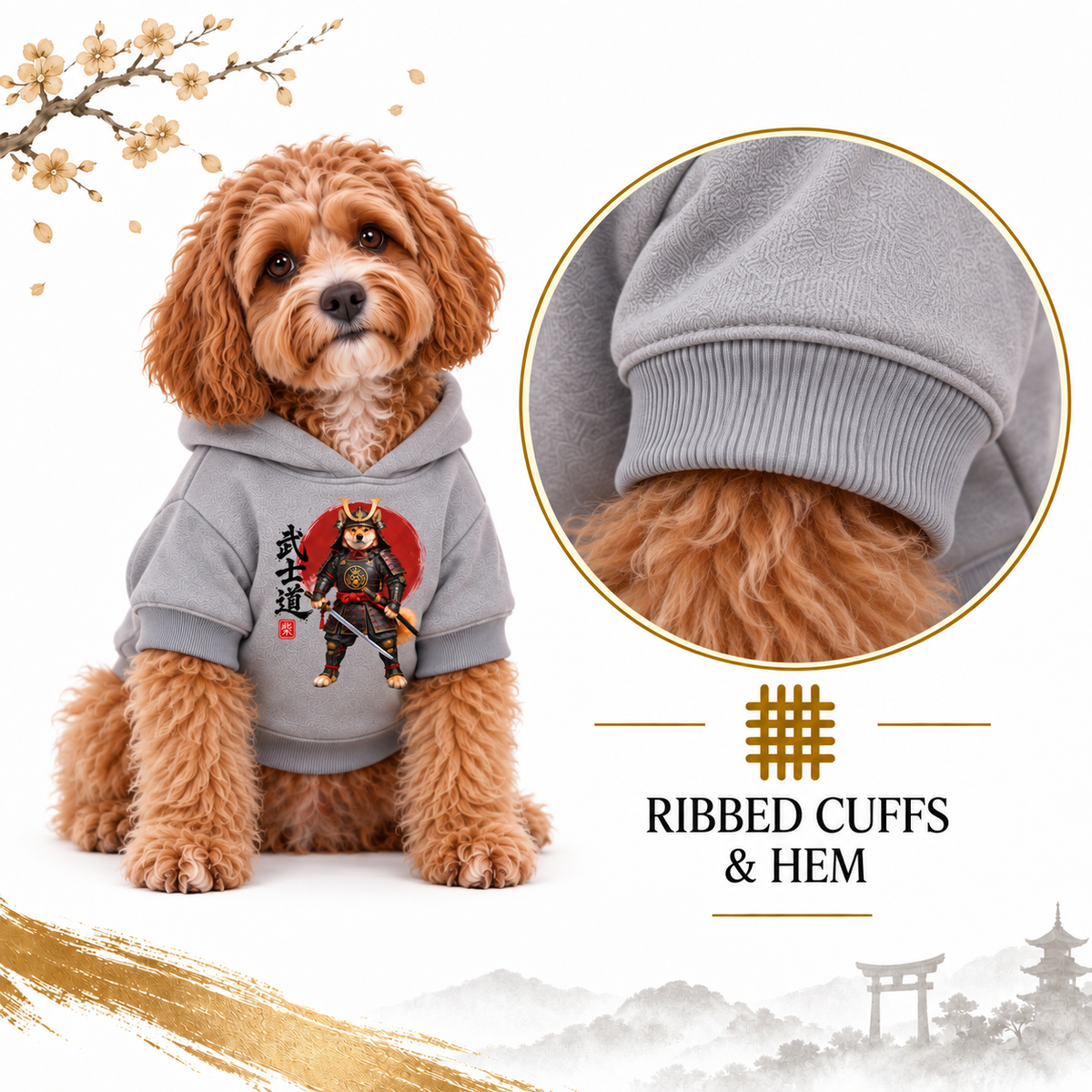 A small fluffy dog wearing a light gray hoodie with a samurai graphic, shown on a white background with a circular inset highlighting the ribbed cuff and hem.