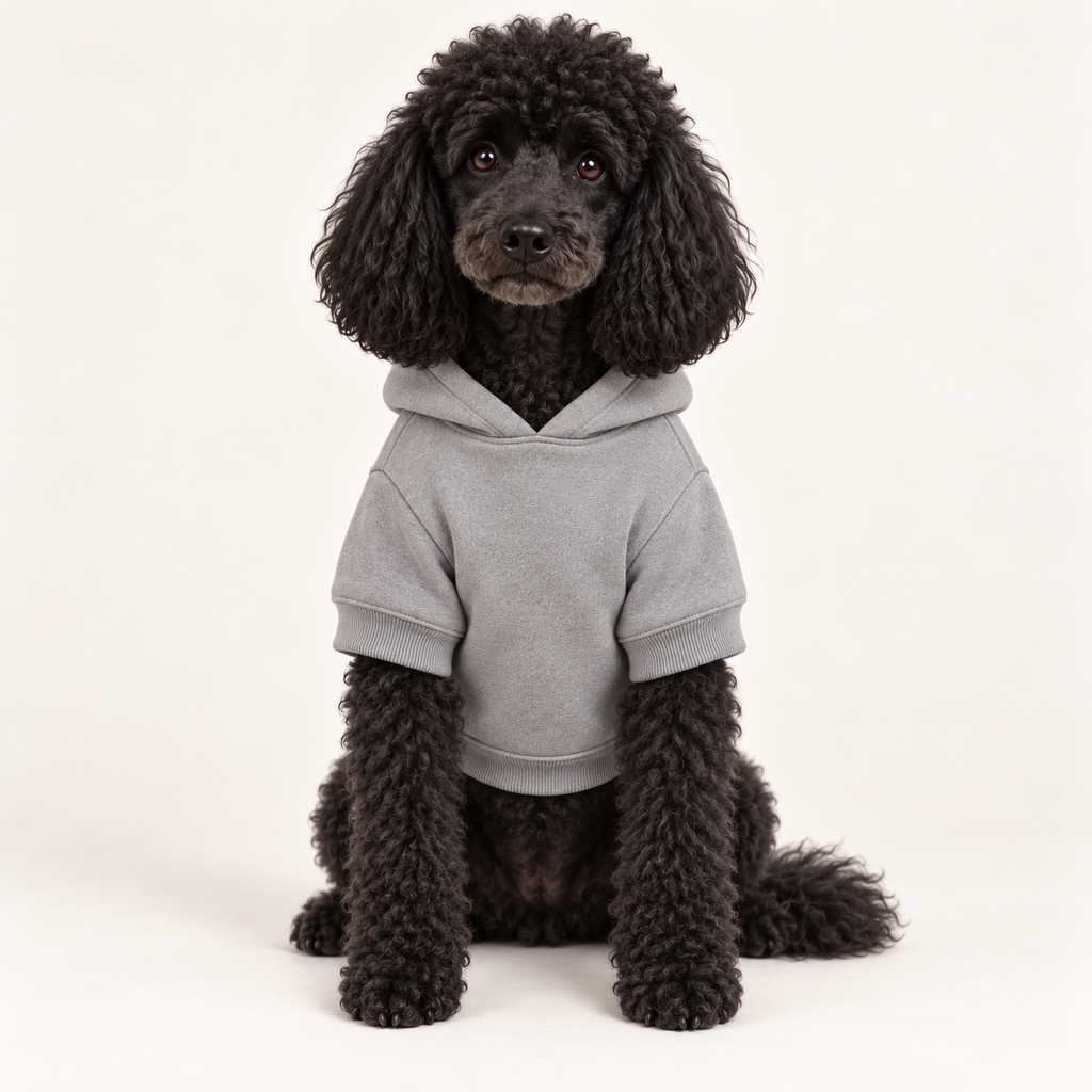 A black poodle wearing a light gray short-sleeve cotton hoodie. 