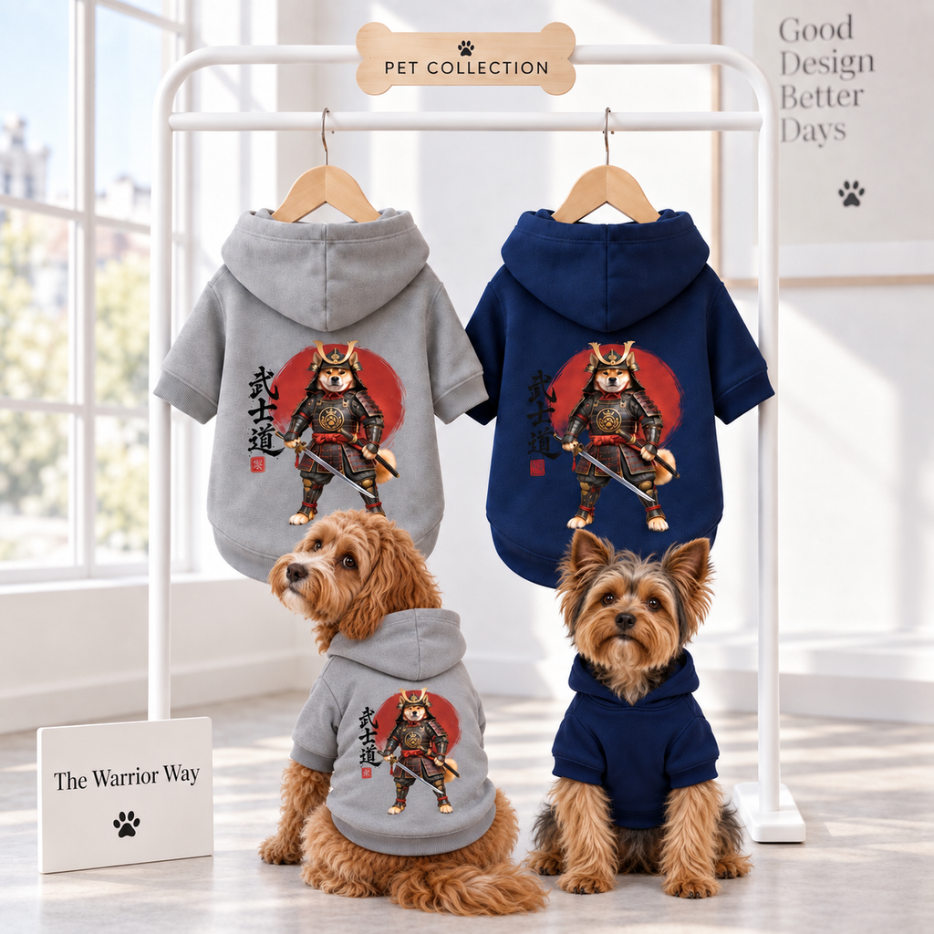Two dog hoodies hang on a white display rack in a white boutique. Colors of the Hoodies are gray and navy, both with samurai warrior graphic and Japanese Calligraphy on the back.
