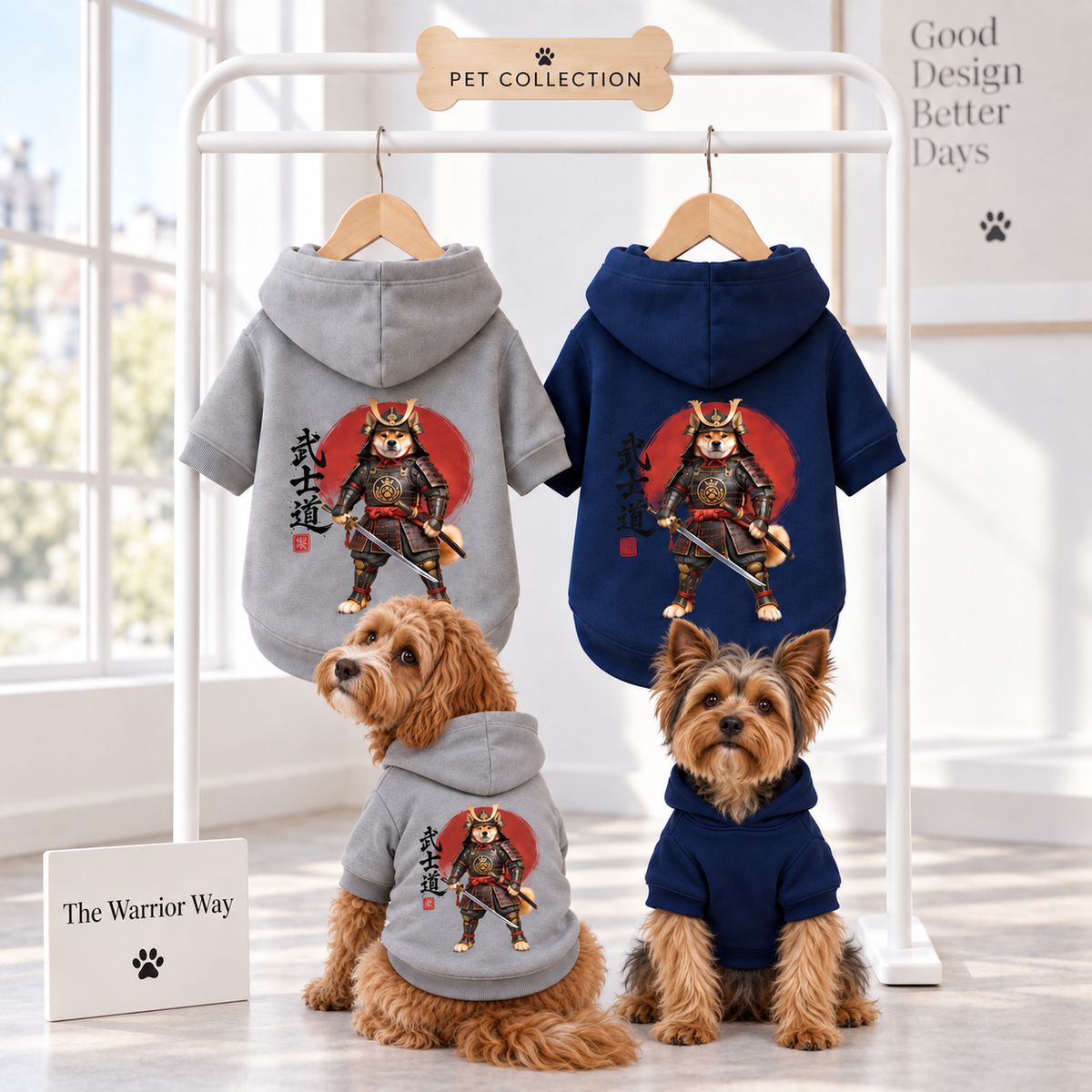 Two dog hoodies hang on a white display rack in a white boutique. Colors of the Hoodies are gray and navy, both with samurai warrior graphic and Japanese Calligraphy on the back.