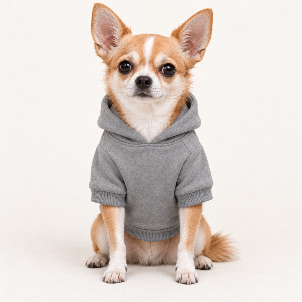 A Chihuahua dog wearing a gray short-sleeve pet hoodie, sitting against a plain off-white studio background.