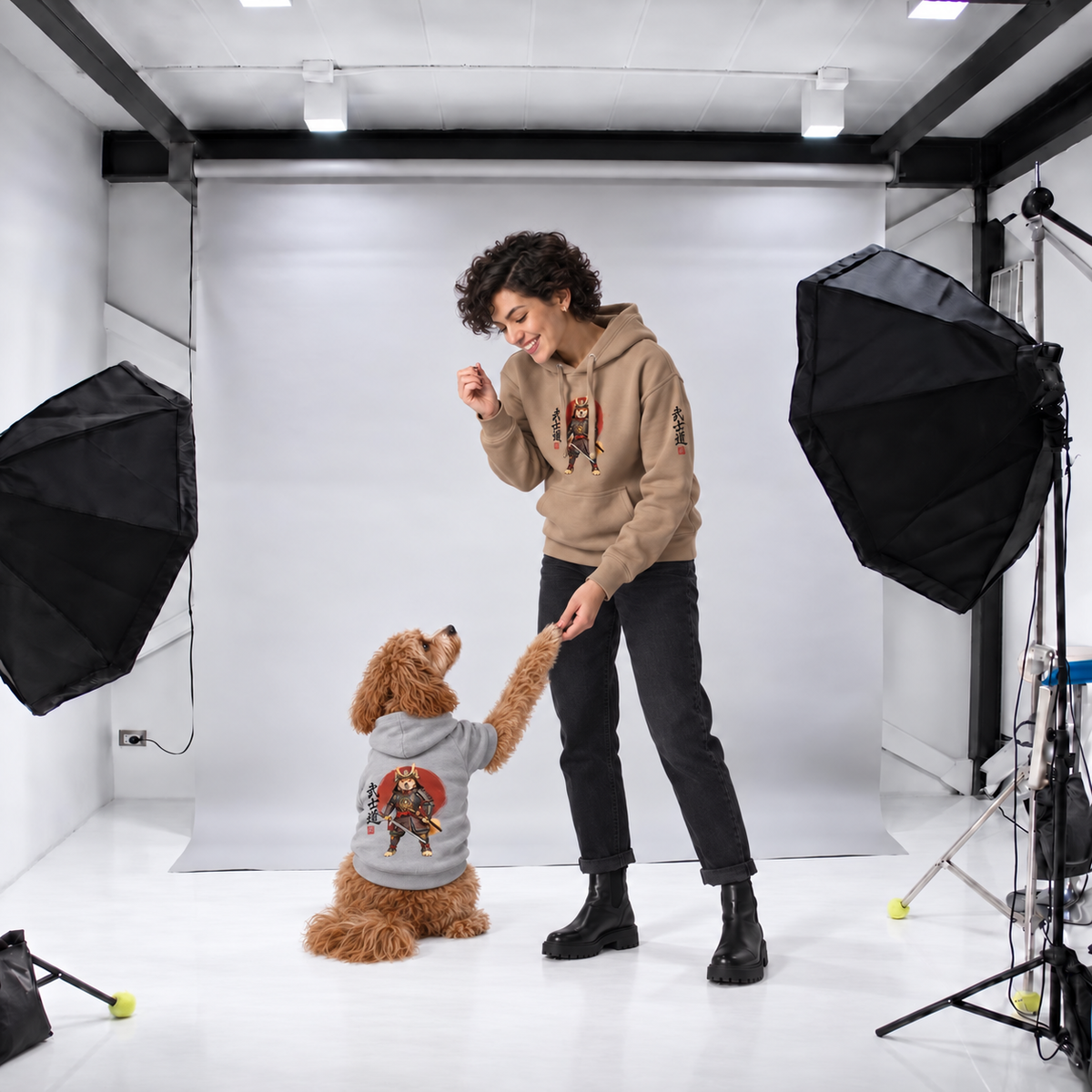 Woman wearing a latte Warrior’s Way Samurai unisex hoodie snaking hands with a Cavapoo wearing the matching gray dog Samurai  hoodie.