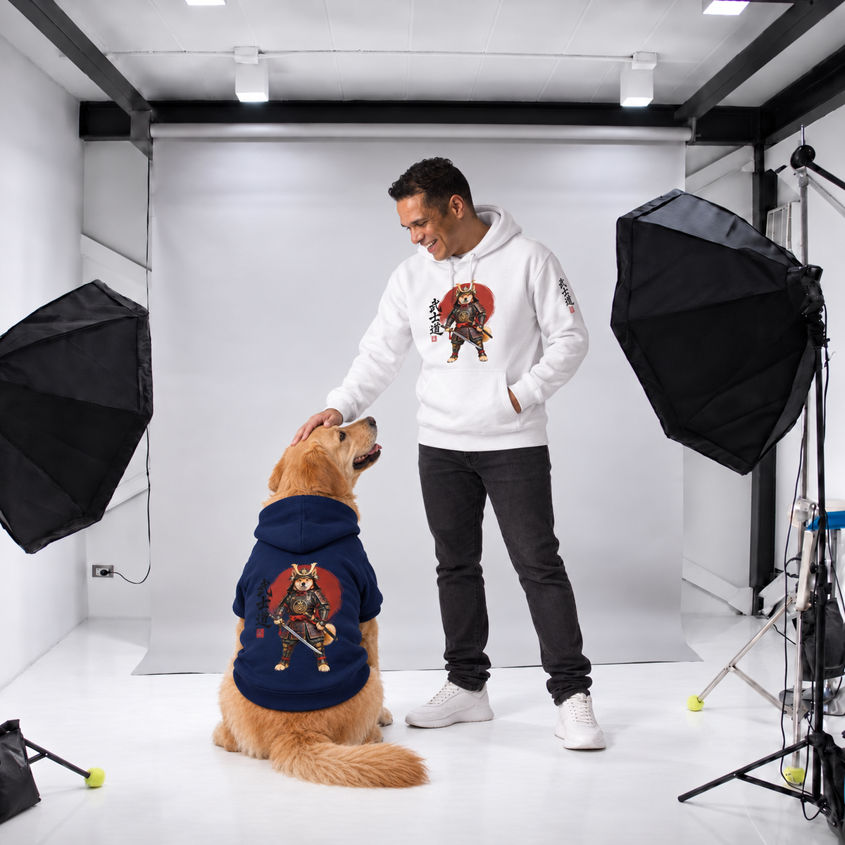 A man and a Labrador modeling matching on-of-a-kind white and blue Samurai warrior hoodies set against a white photo studio background.