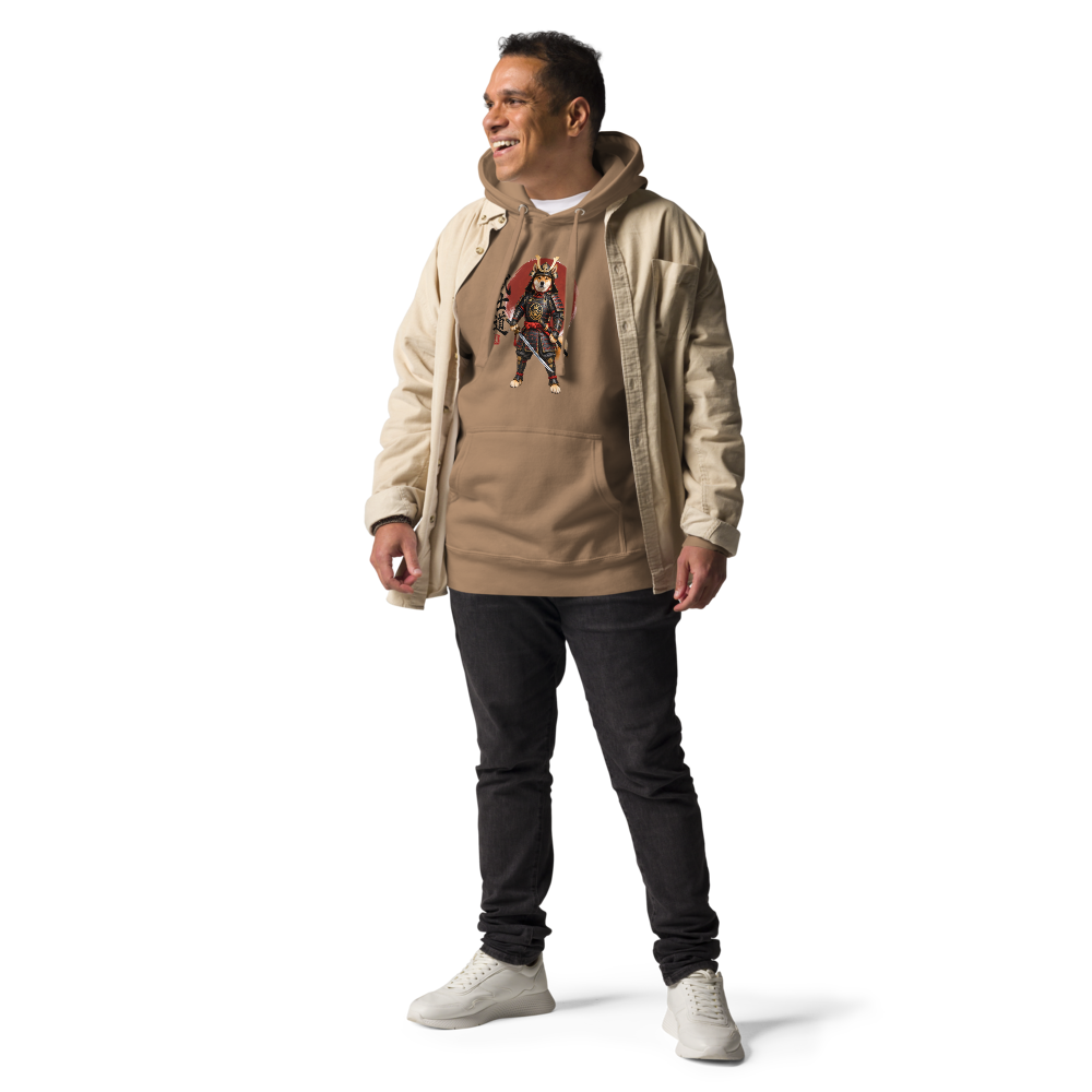 A man wearing a beige hooded jacket over a tan hoodie with a graphic print, paired with black jeans and white sneakers, white background.