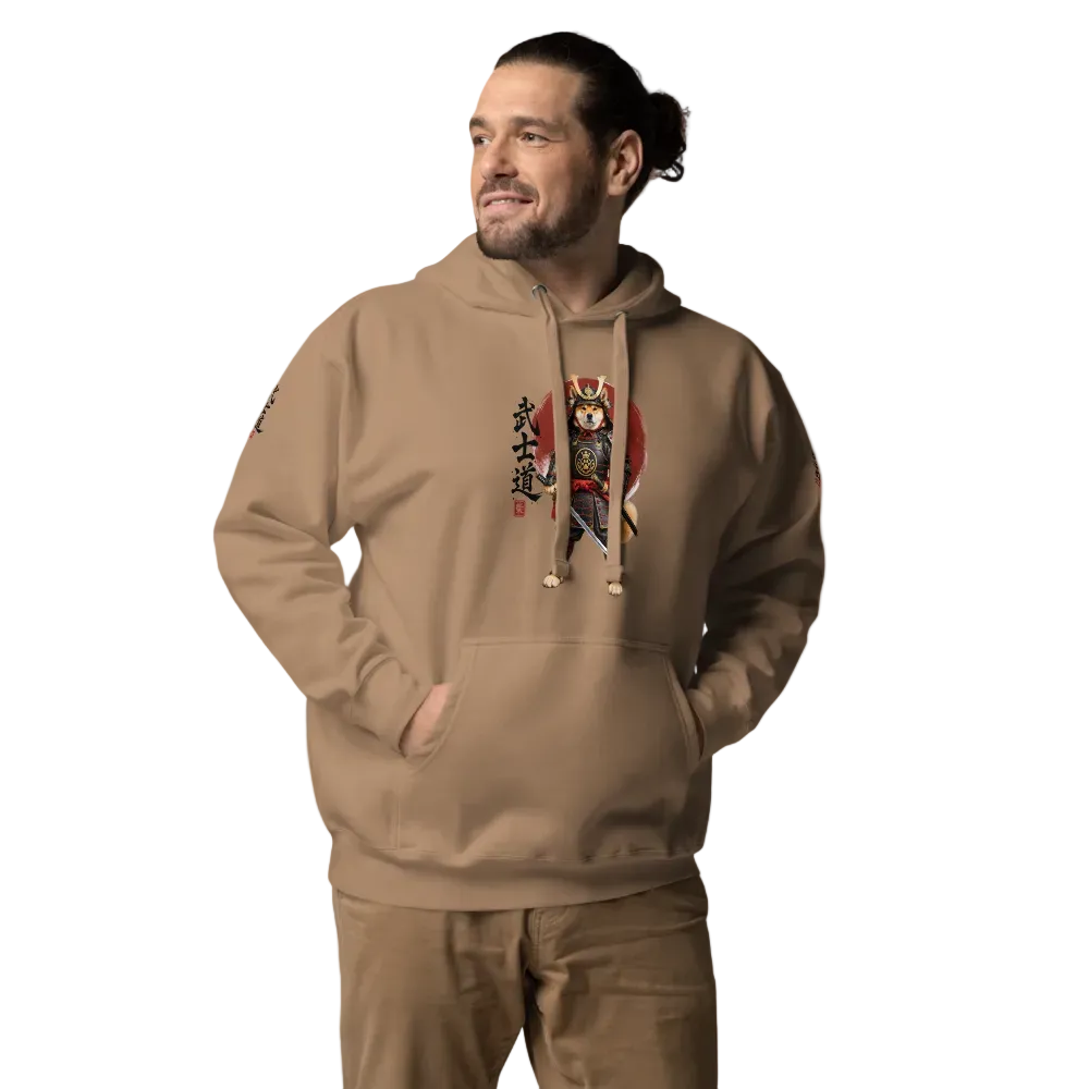 A man wearing a tan-latte hoodie with a samurai graphic print on the chest, posed against a solid ivory background.