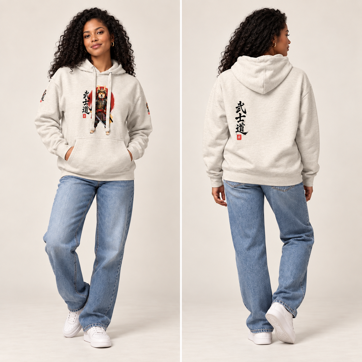 A model is shown from both the front and back wearing an oatmeal heather hoodie with graphic Samurai prints, paired  against a plain light cream studio background.