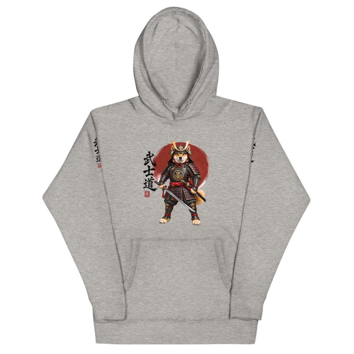 A gray pullover hoodie with a graphic print of a samurai warrior and all over print Japanese calligraphy.
