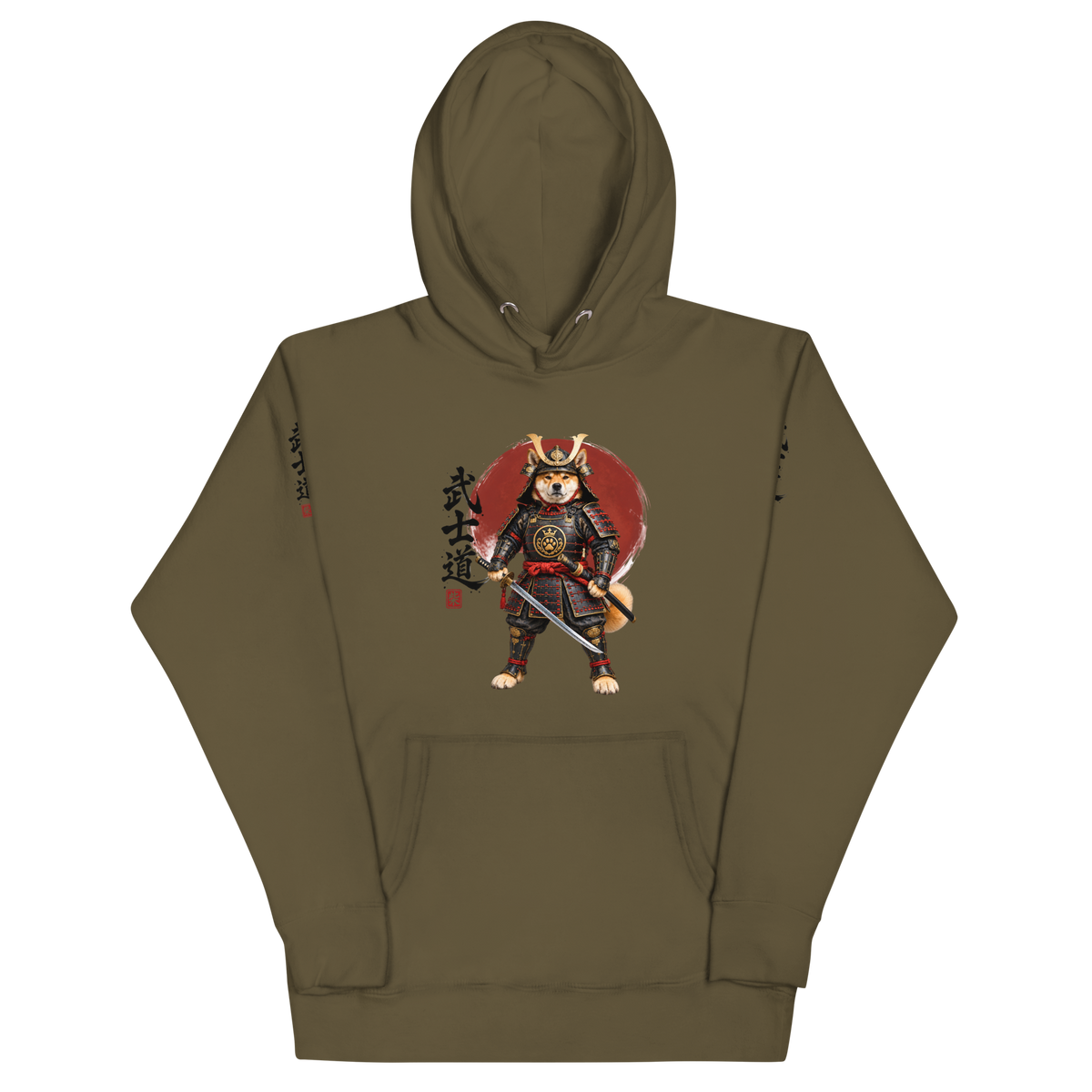 A military green hoodie with a Samurai graphic print on the chest.