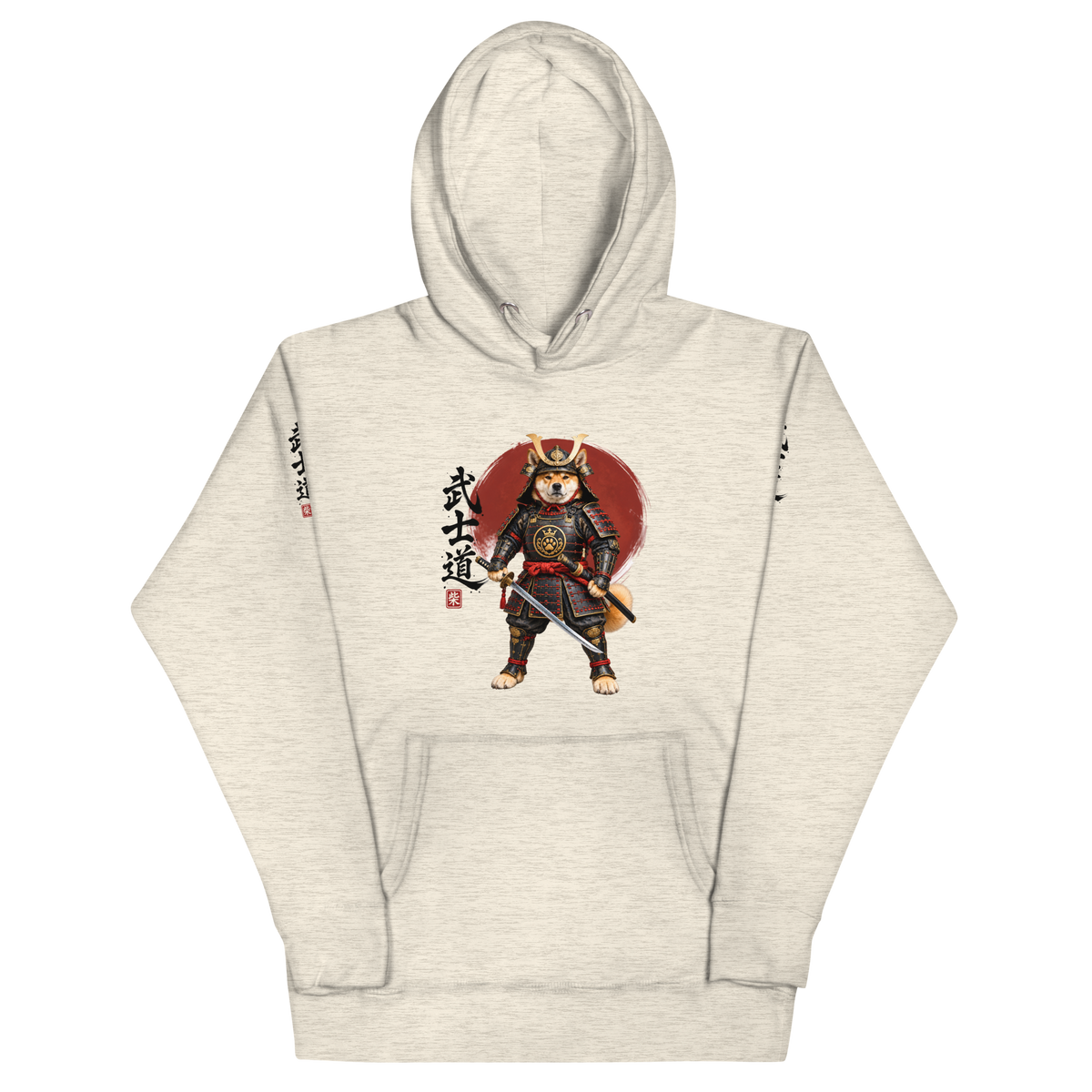 Oatmeal color pullover hoodie featuring a graphic of a samurai dog wearing armor with black Japanese characters.