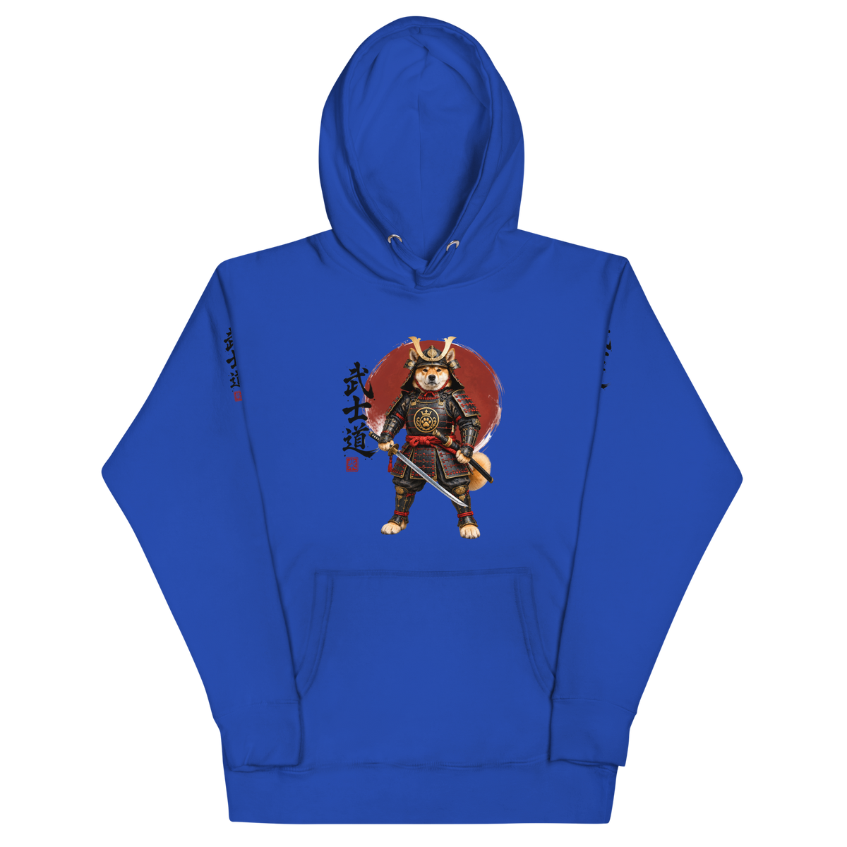 A team royal pullover hoodie with a graphic print of a samurai warrior and all over print Japanese calligraphy.