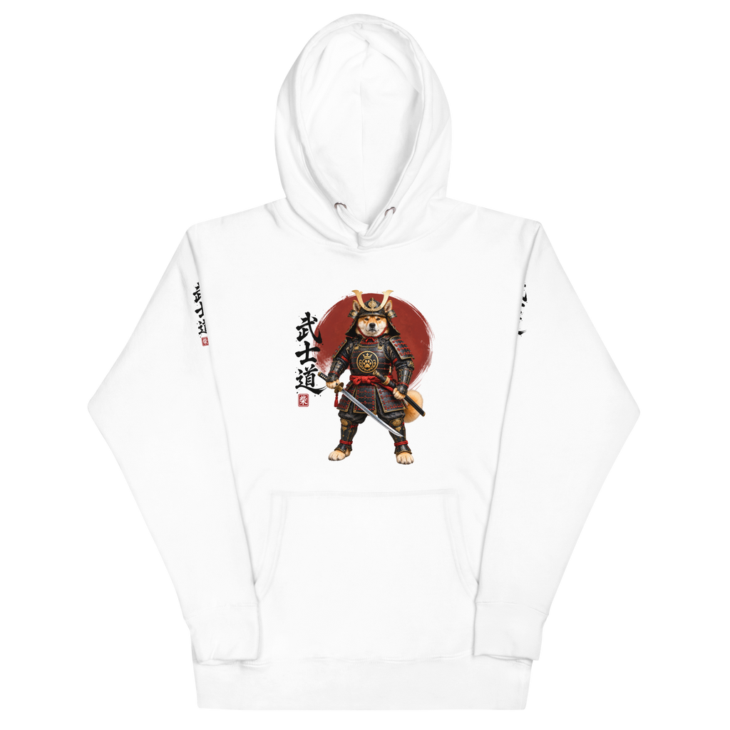 A stylish white pullover hoodie with a graphic print of a samurai warrior and all over print Japanese calligraphy.