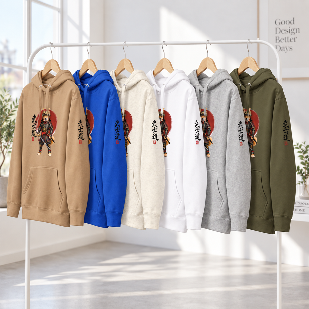 Six hoodies in different colors (latte, royal blue, oatmeal Heather, white, gray, and military green) hanging on a white clothing rack in a bright, modern room. Each hoodie features a samurai graphic with a red sun and all over print Japanese characters. 