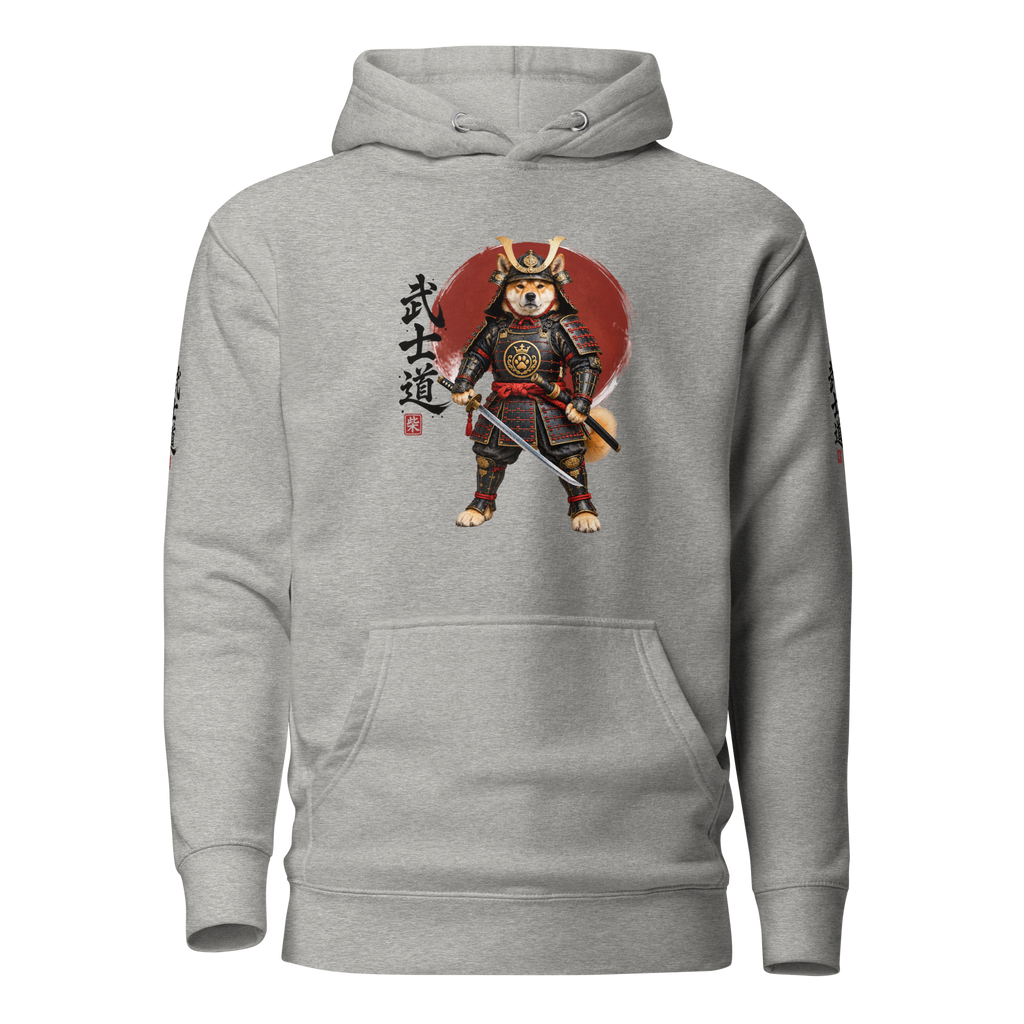 A gray pullover hoodie featuring a graphic of a samurai dog wearing armor in front of a red circular background.
