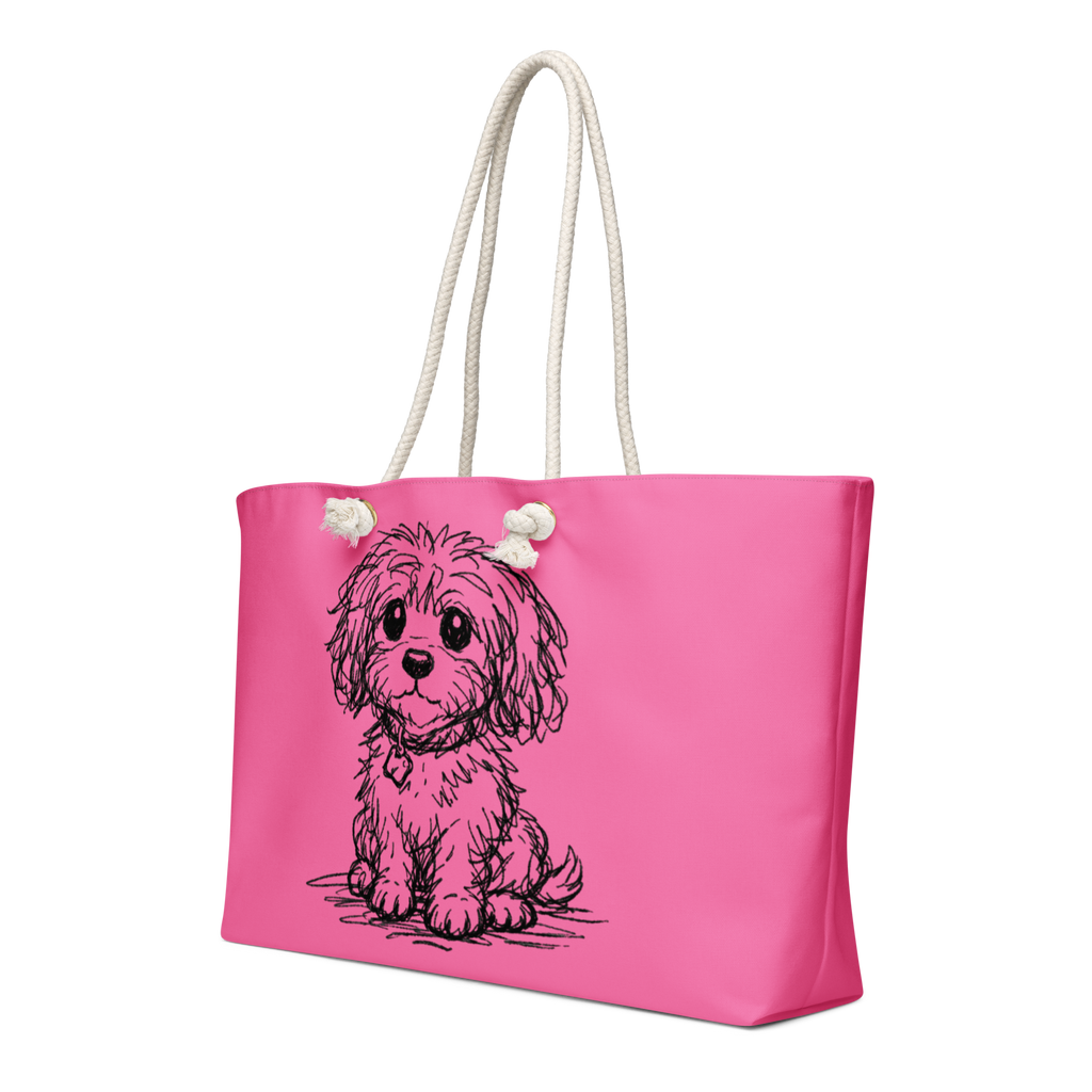 Pink extra-large weekender tote bag featuring a black line art puppy illustration