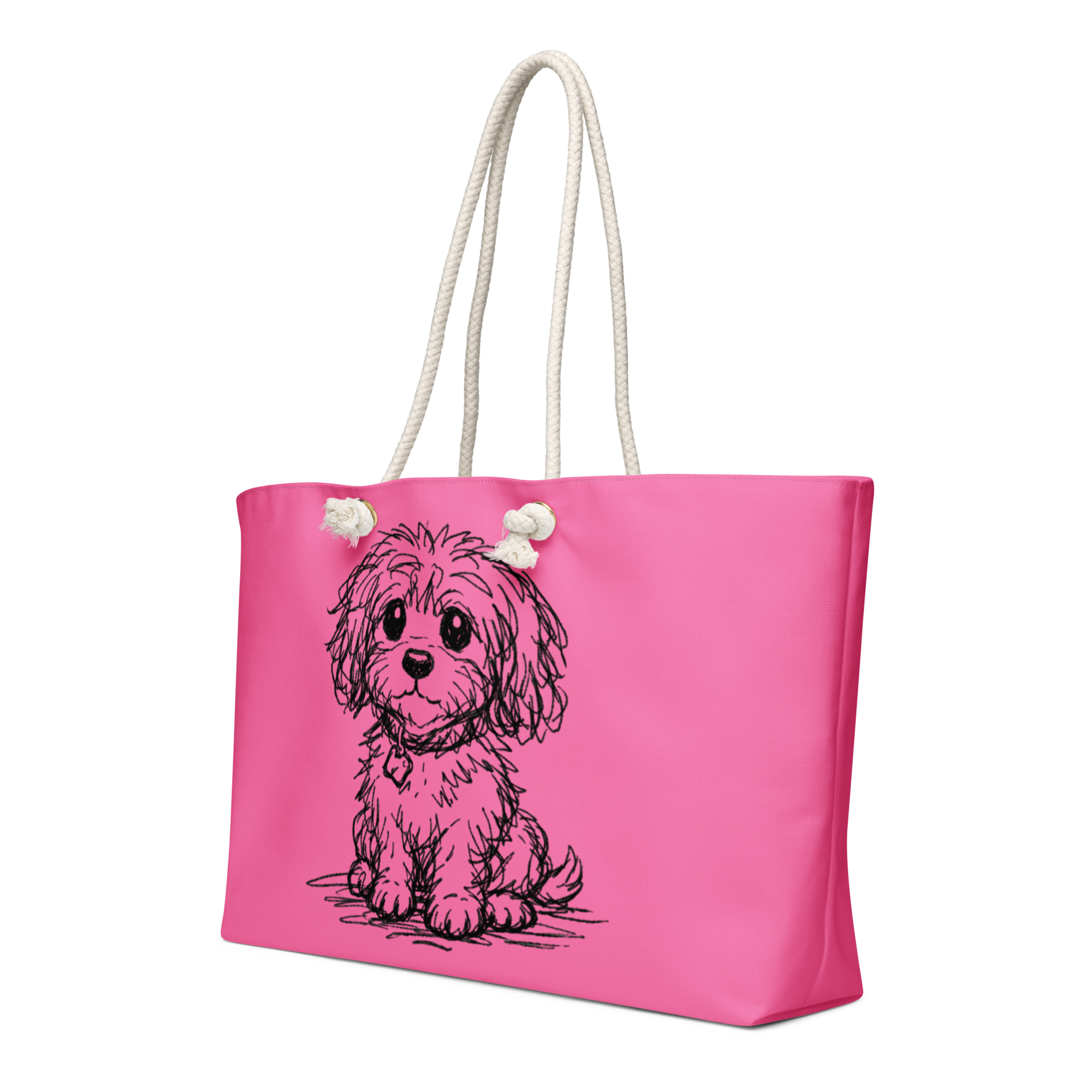 Pink extra-large weekender tote bag featuring a black line art puppy illustration