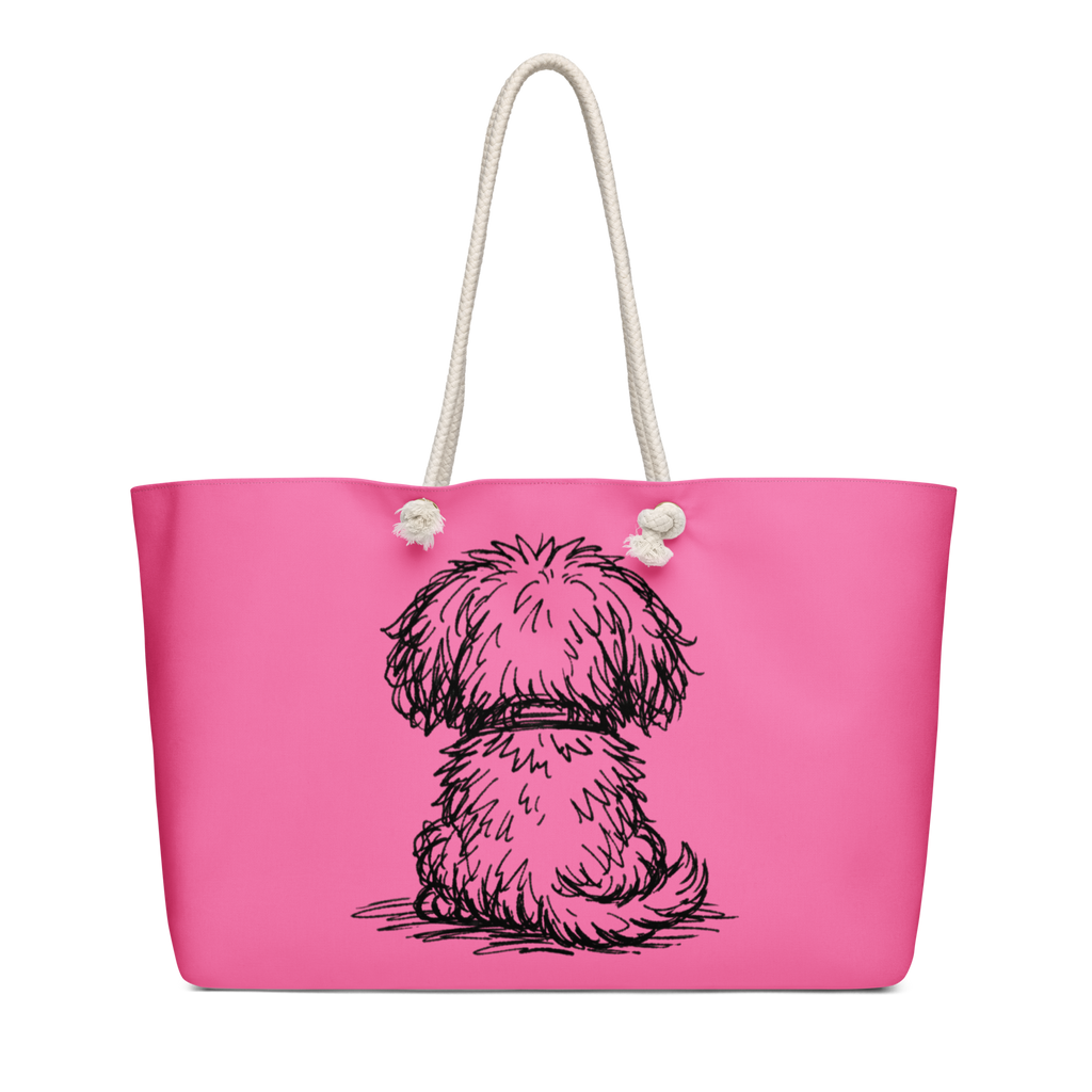 Back view of pink weekender tote bag with small dog illustration. Display all over illustration design.