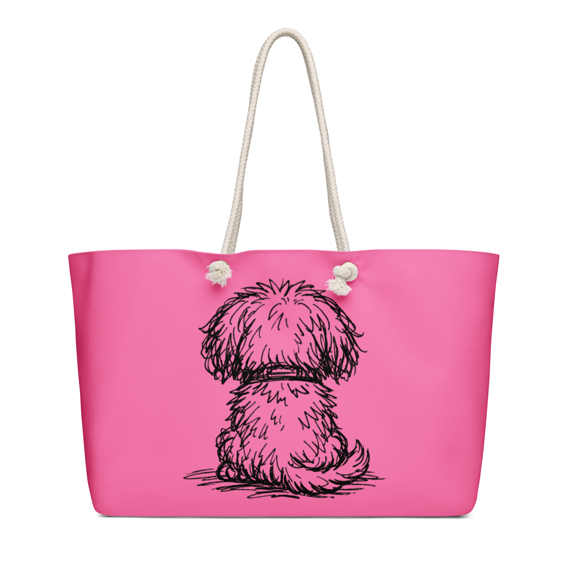 Back view of pink weekender tote bag with small dog illustration. Display all over illustration design.