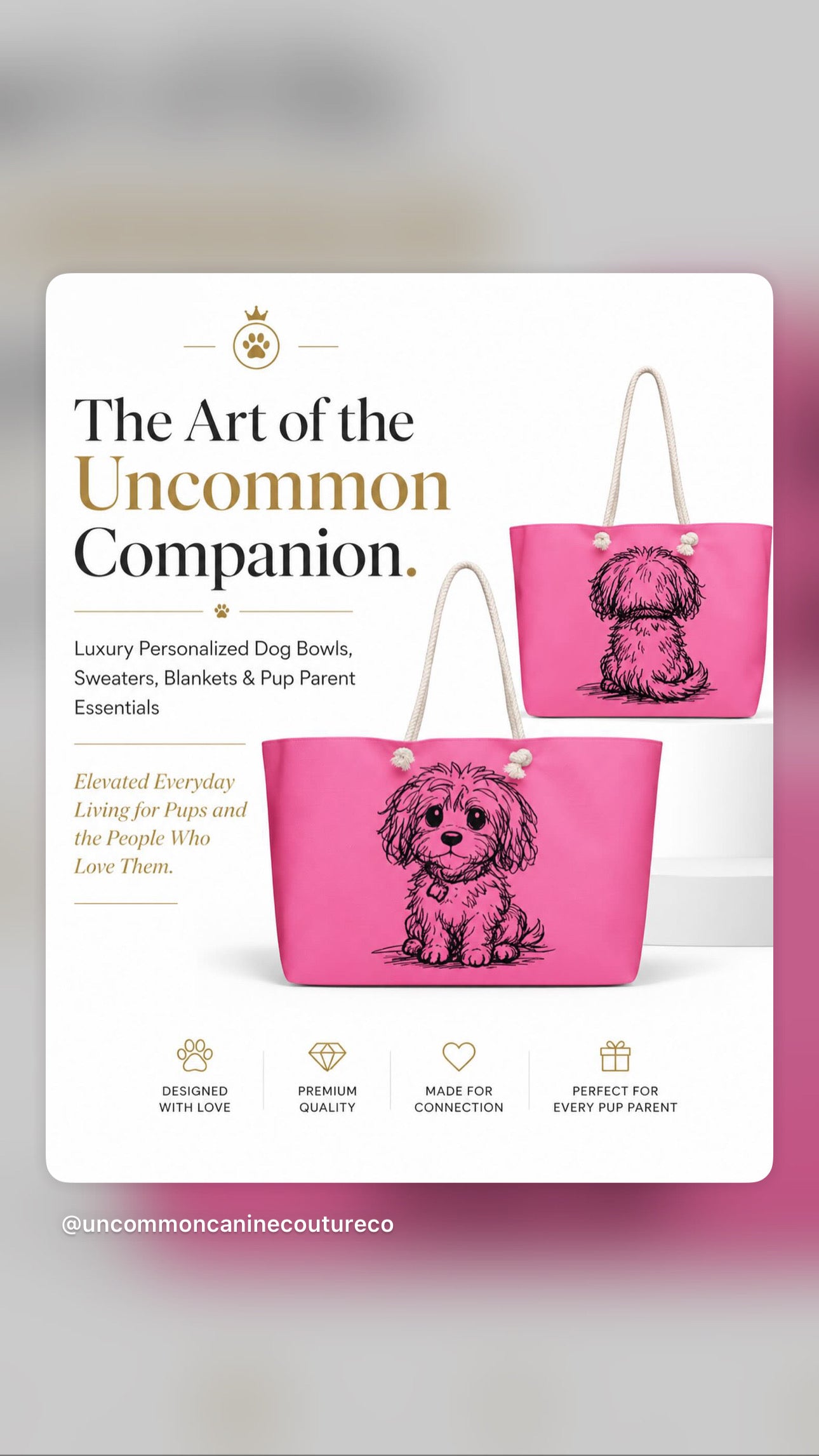 Pink small dog tote bag product feature card The Art of the Uncommon Companion by Uncommon Canine Couture Co.