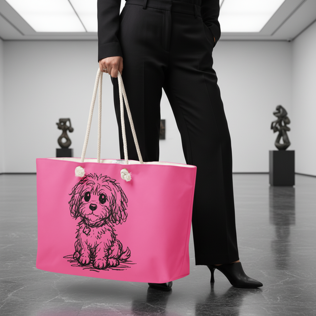 Pink weekender all-over-print stylish luxury tote bag with a small dog illustration in a modern art Gallery.