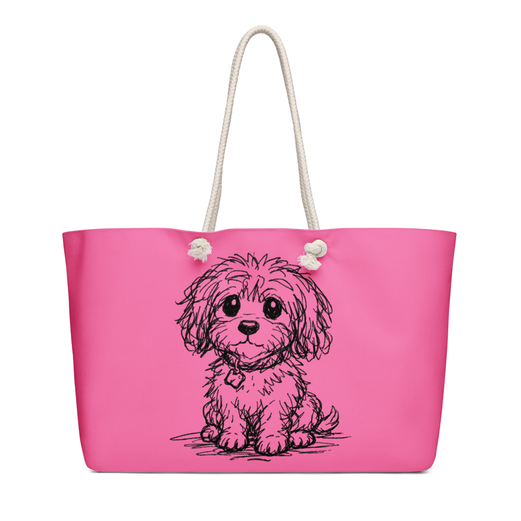 Pink weekender all over print stylish luxury tote bag with small dog illustration on white background

Pink small dog tote bag angled on white background with rope handles