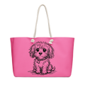 Pink weekender all over print stylish luxury tote bag with small dog illustration on white background

Pink small dog tote bag angled on white background with rope handles