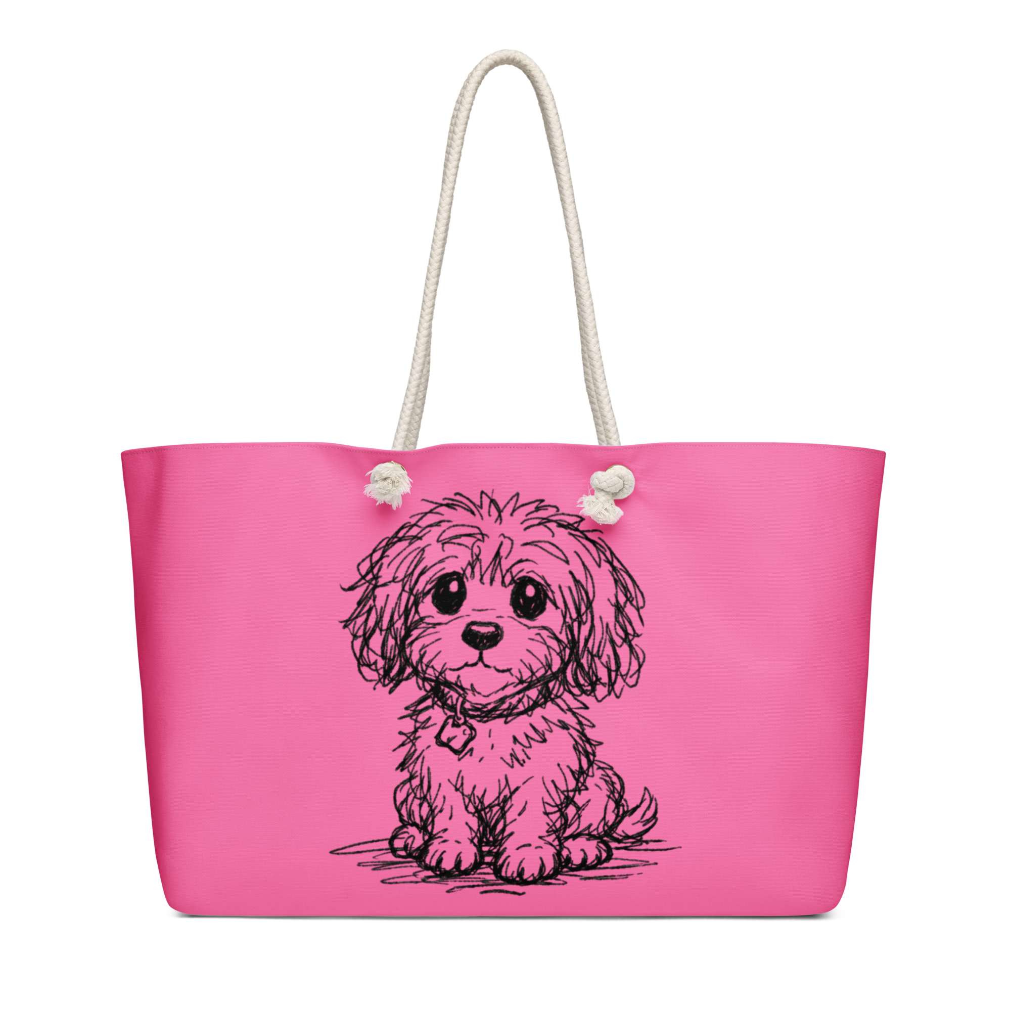 Pink weekender all over print stylish luxury tote bag with small dog illustration on white background

Pink small dog tote bag angled on white background with rope handles
