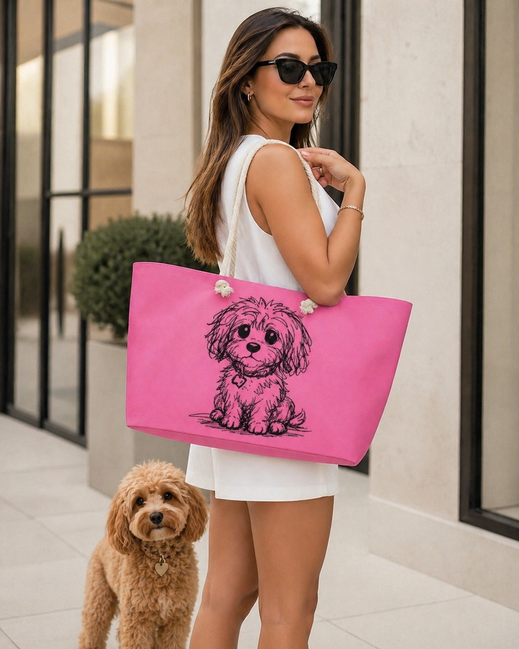 Pink luxury weekender all over print stylish luxury tote bag with small dog illustration on white background  Woman carrying pink small dog tote bag with dog nearby