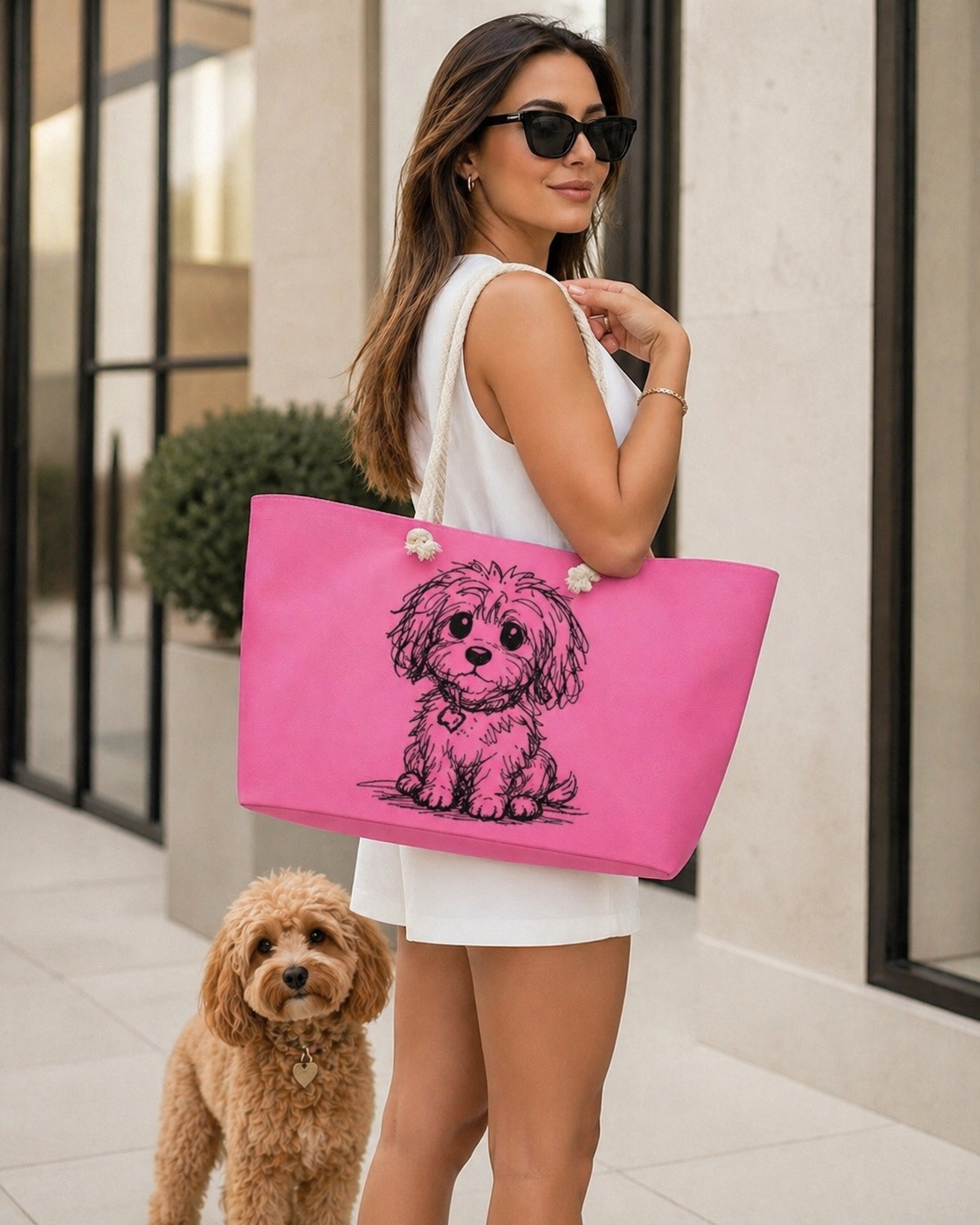 Pink luxury weekender all over print stylish luxury tote bag with small dog illustration on white background  Woman carrying pink small dog tote bag with dog nearby