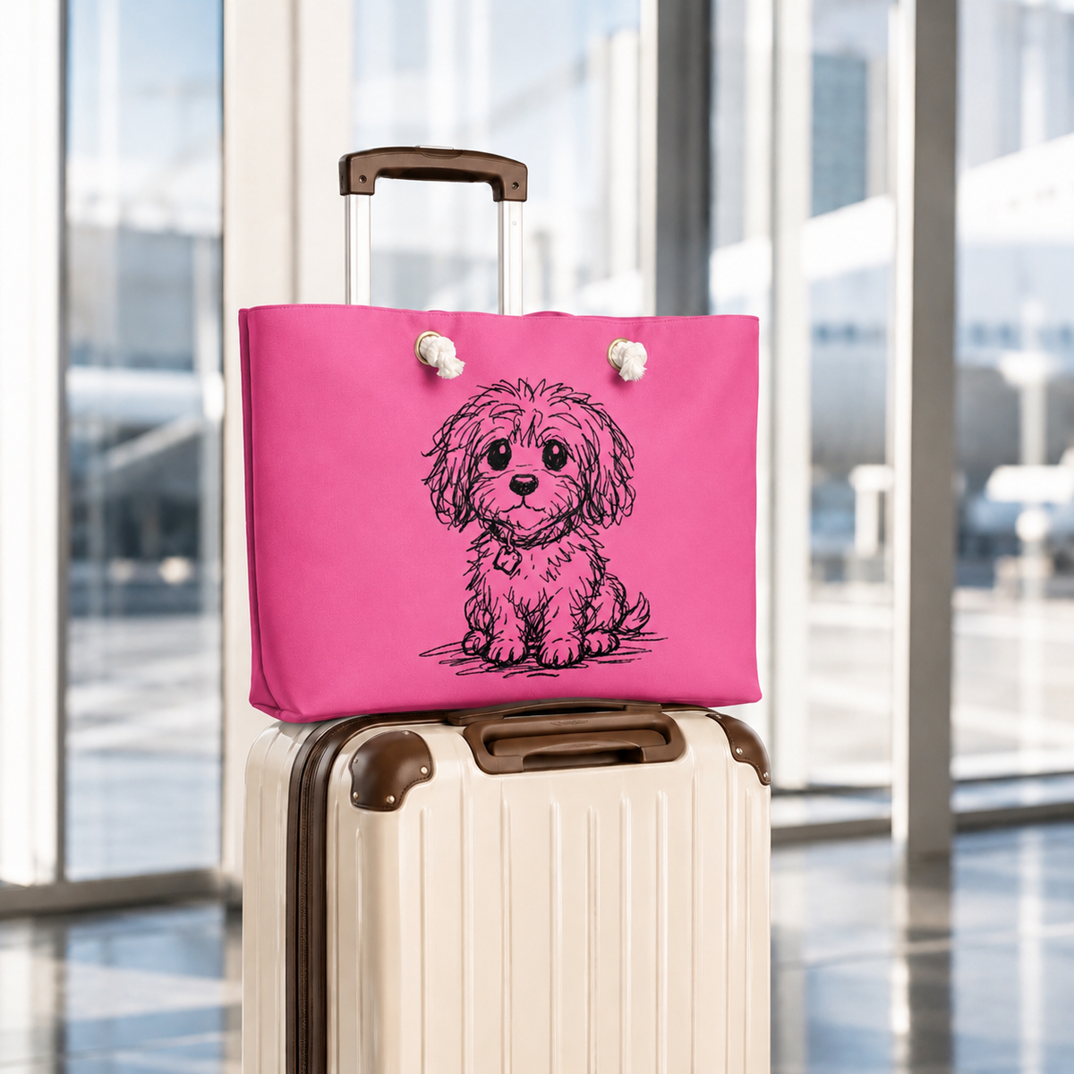 Oversized pink weekender tote, on top of beige and brown suitcase, background, large airport window windows.