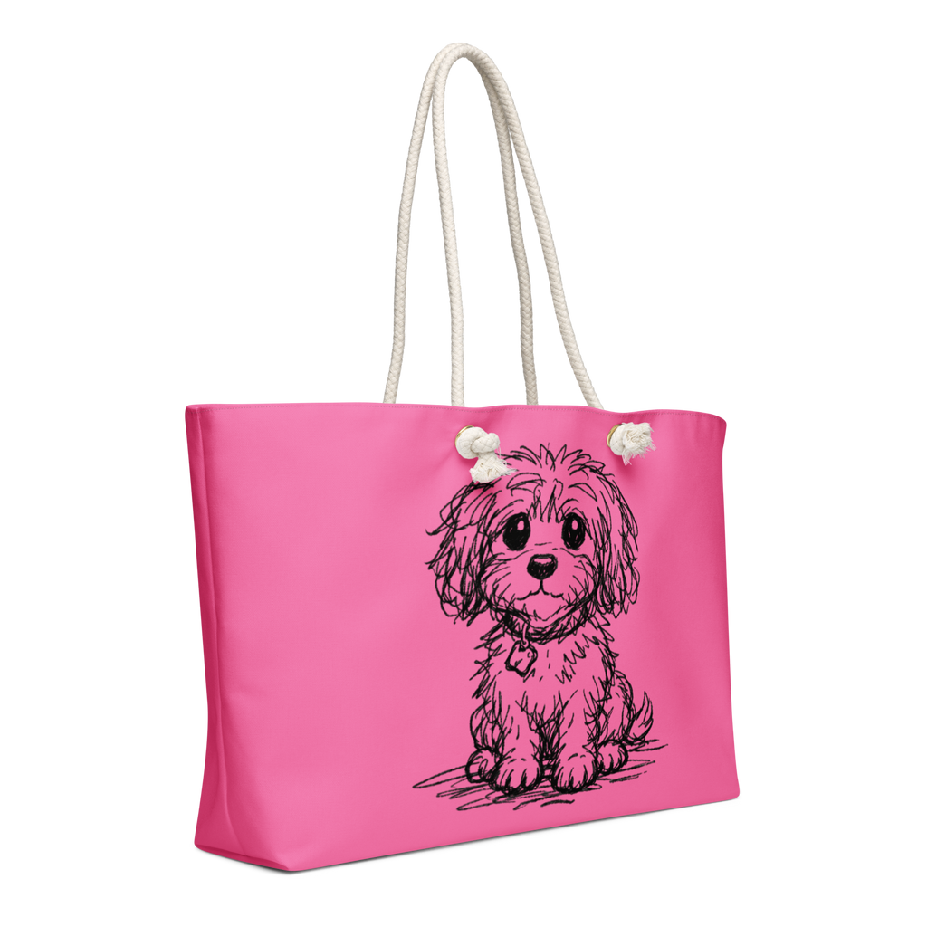 Pink weekender all over print stylish luxury tote bag with small dog illustration on white background