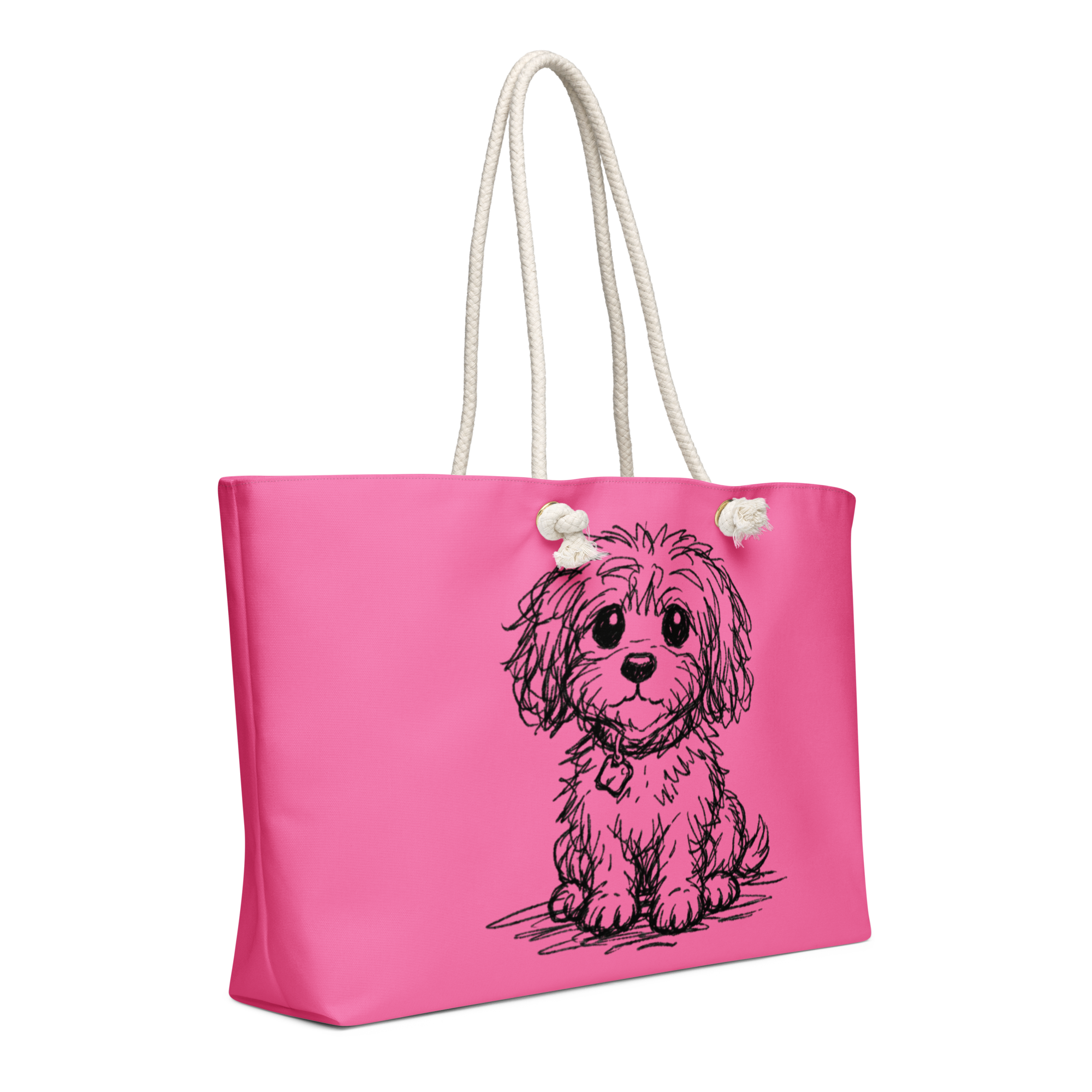 Pink weekender all over print stylish luxury tote bag with small dog illustration on white background