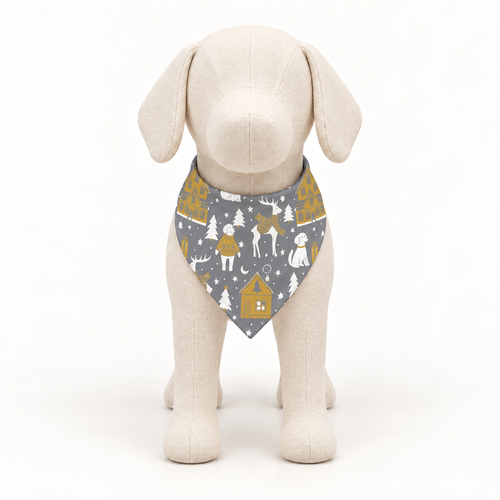 A front facing mannequin dog wearing a silver bandana with a winter village pattern, on a white background.