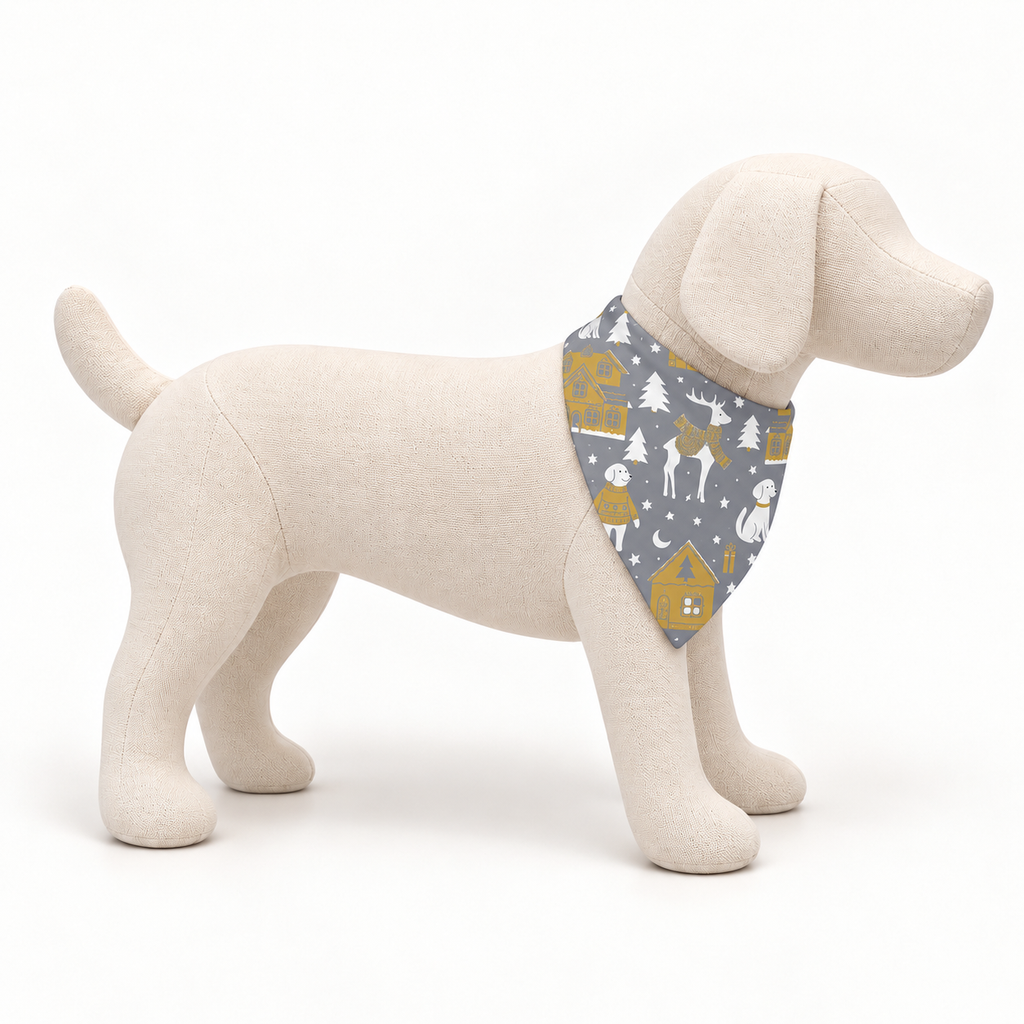 A side view of a mannequin dog wearing silver bandana and a winter village pattern, on a white background.
