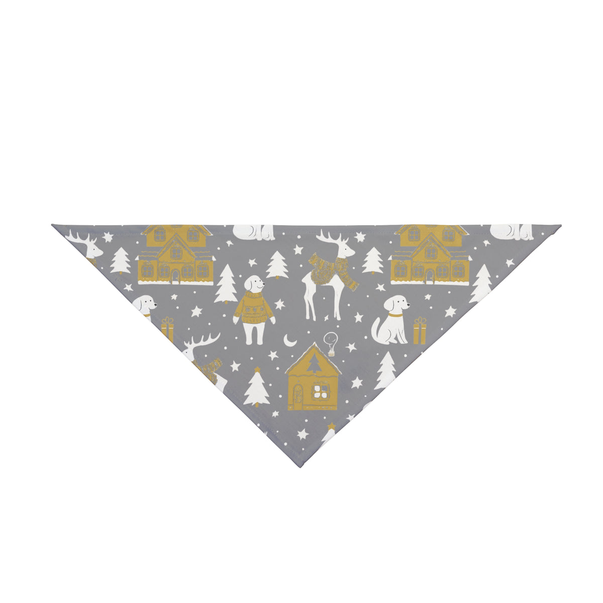 A dog bandana with a winter village pattern featuring golden houses, white dogs, reindeer, and pine trees.