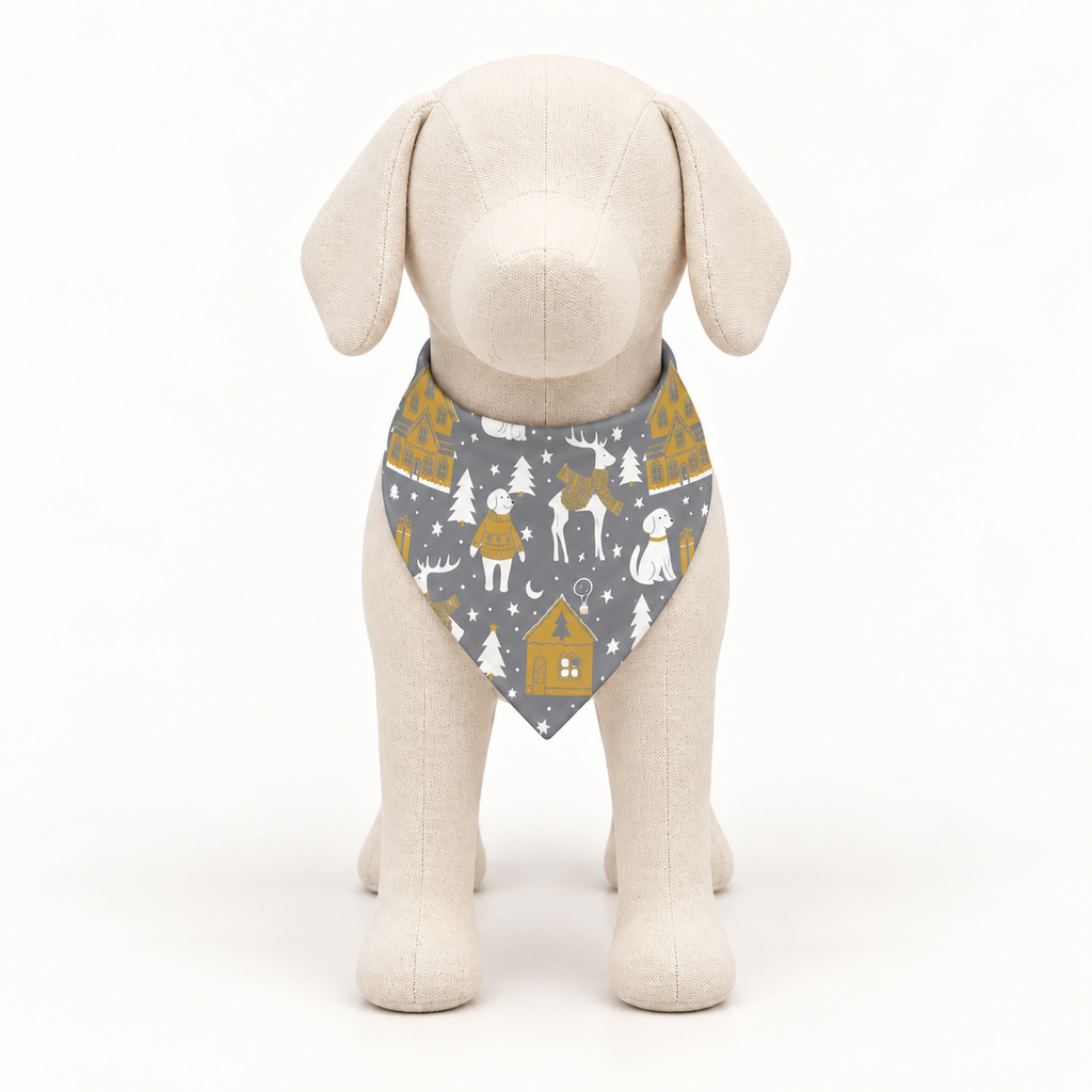 A large front facing mannequin dog wearing a silver bandana with a winter village pattern, on a white background.